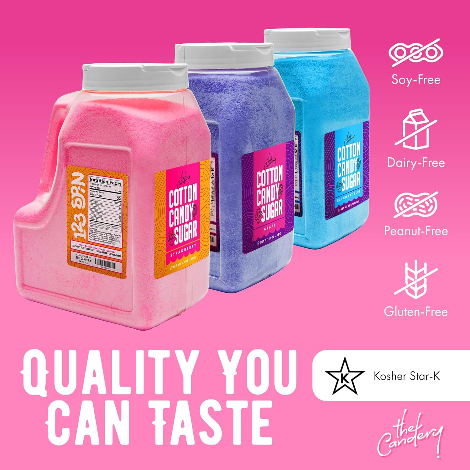 Cotton Candy Floss Sugar 6Lbs 96Oz Jars- 3 Pack Strawberry, Raspberry Blue and G