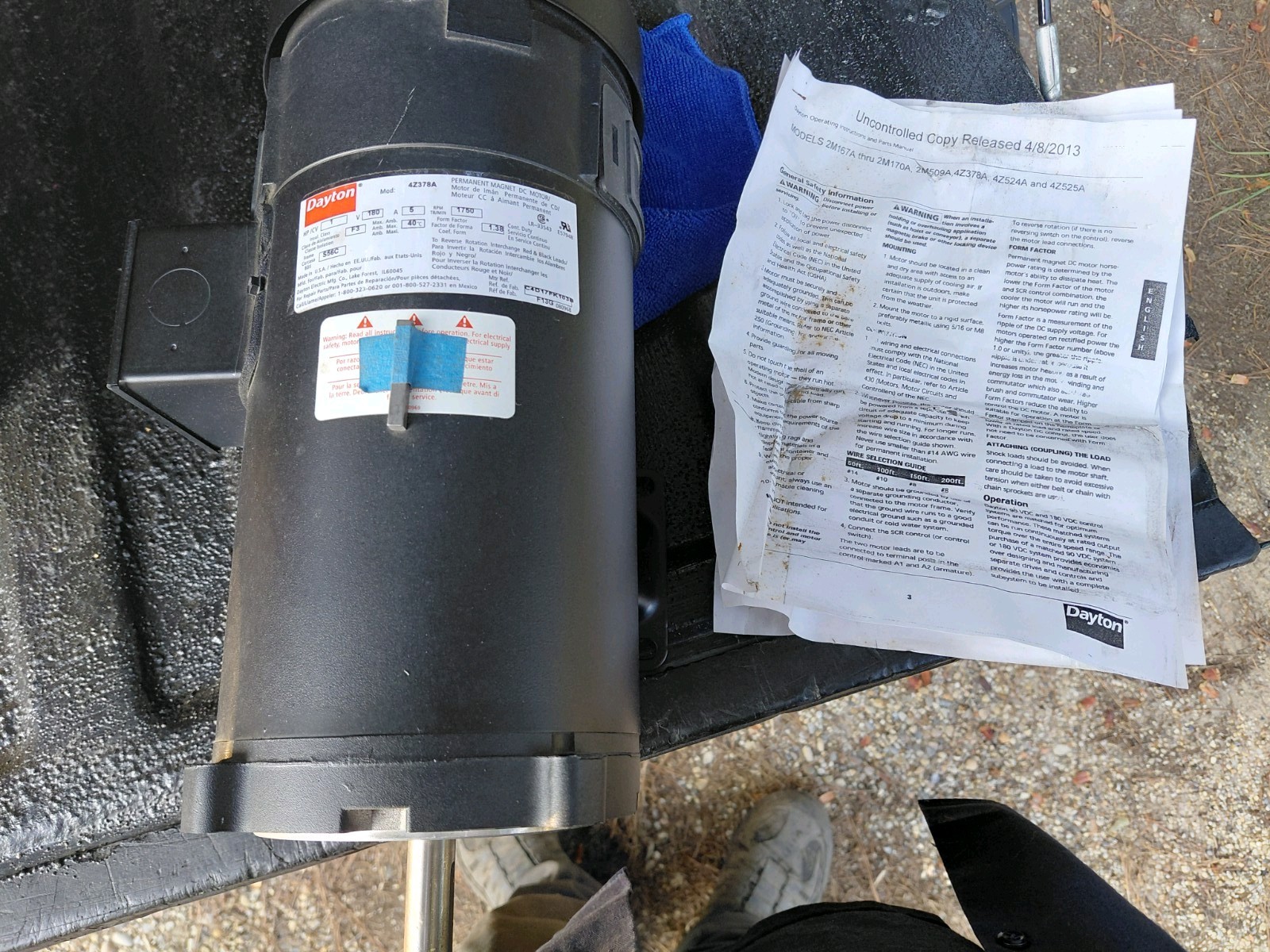 Dayton Permanent Magnet DC Motor 4Z378A, 180 VDC, 1 HP, 1750 RPM, 5 Amp, S56C
