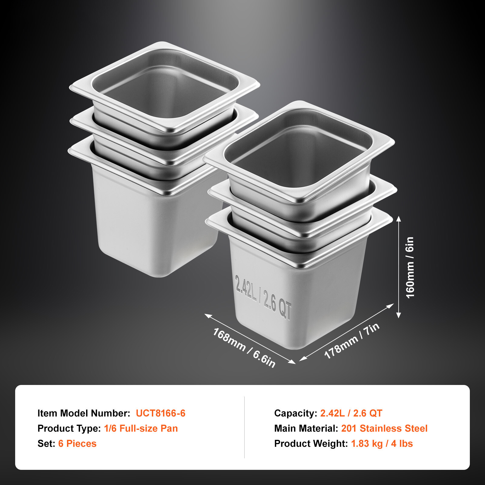 VEVOR 6 Pack 1/6 Size Hotel Pans Steam Table Pan Stainless Steel 6″ Deep