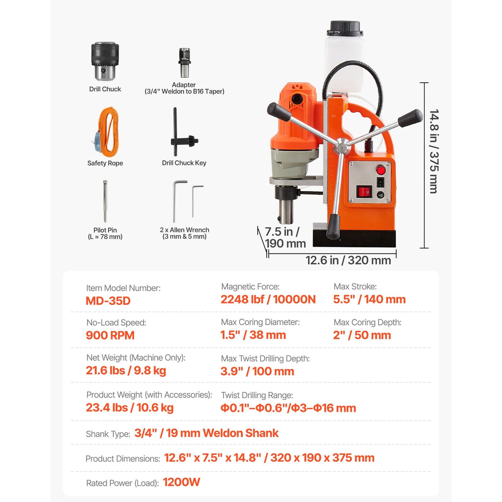 1200W Magnetic Drill Press 1.5in Bore 900RPM Weldon Shank, 2248lbf Force