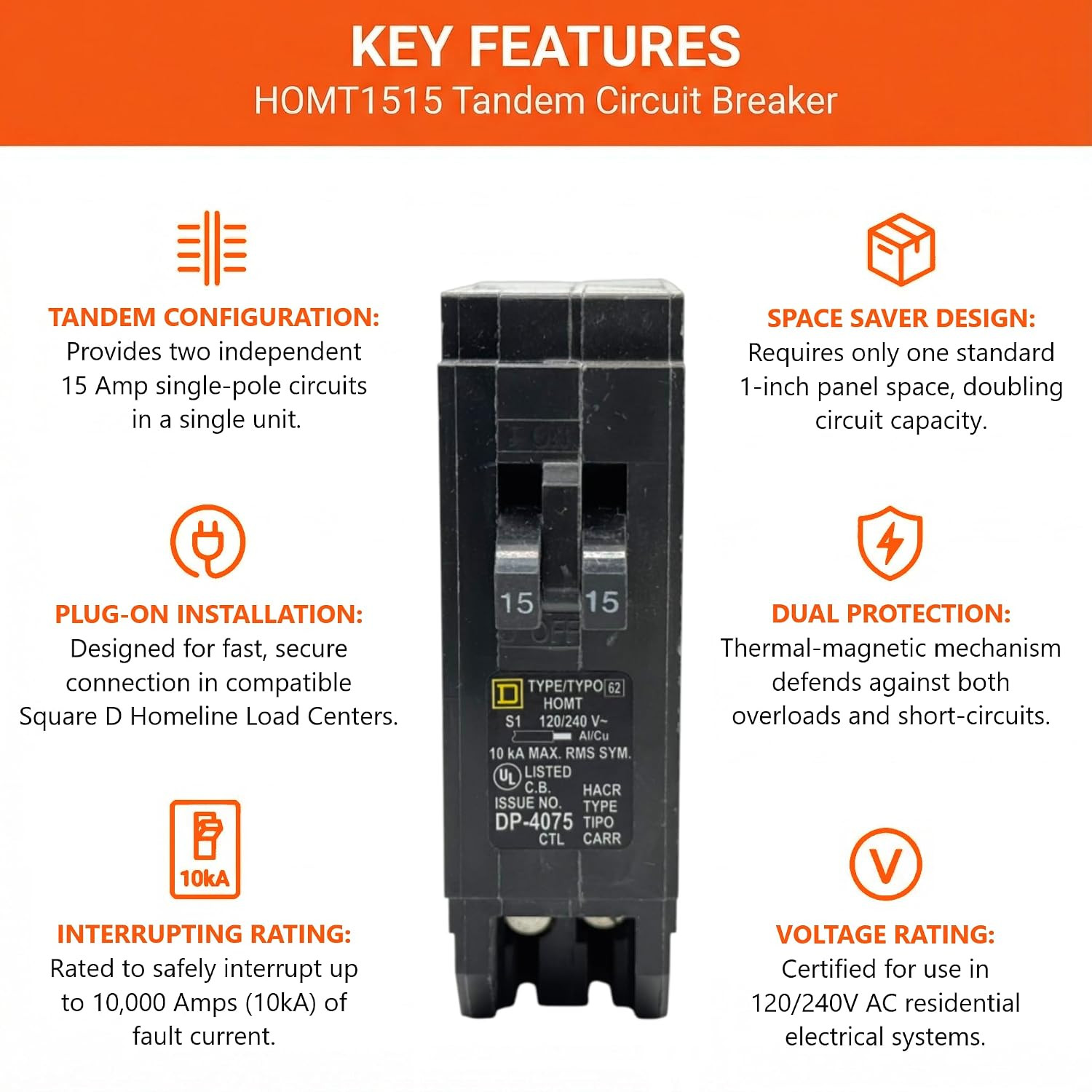 Square D HOMT1515 Tandem Circuit Breaker Kit, 15A, 120V, UL Listed