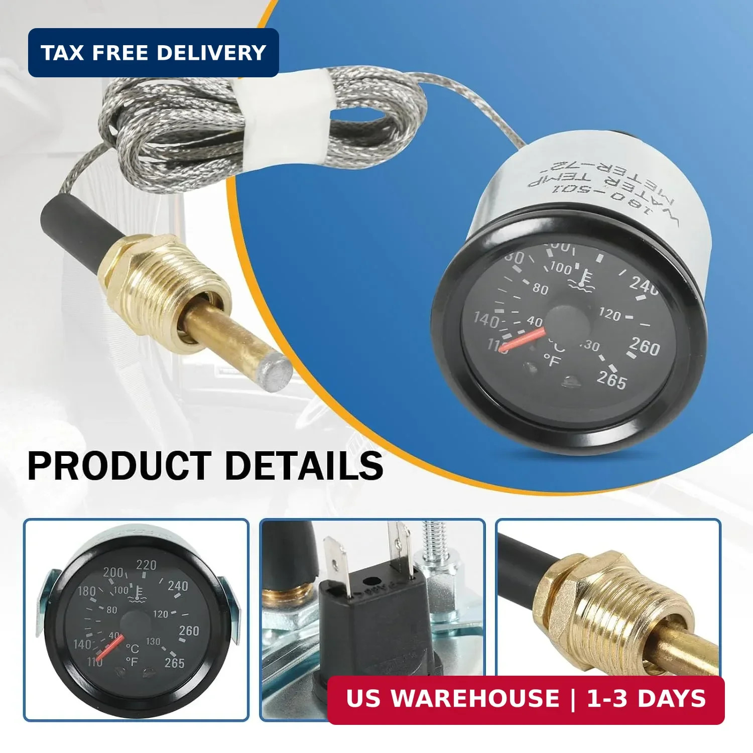 2″ 52mm Water Temperature Gauge 40-130℃,110-265℉ Water Temp Thermometer Meter Ki