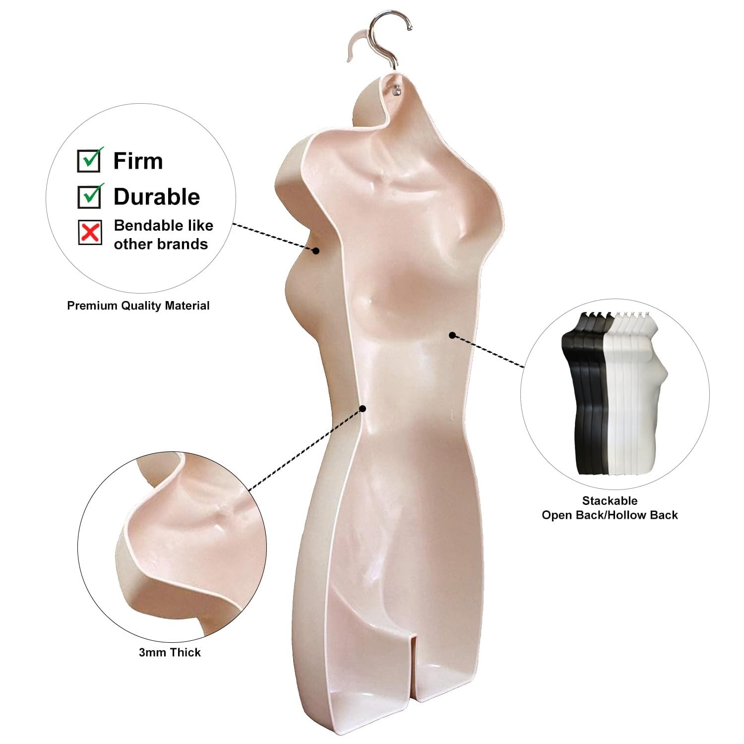 Lightweight Stackable Flesh Mannequin Clothing Form for Display and Storage