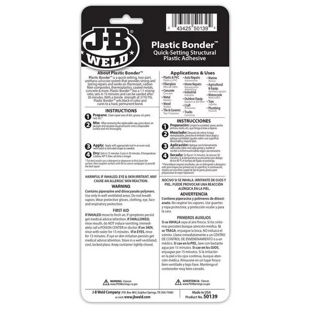 J-B Weld 50139 Plastic Bonder Body Panel Adhesive and Gap Filler – Black – 25 ml