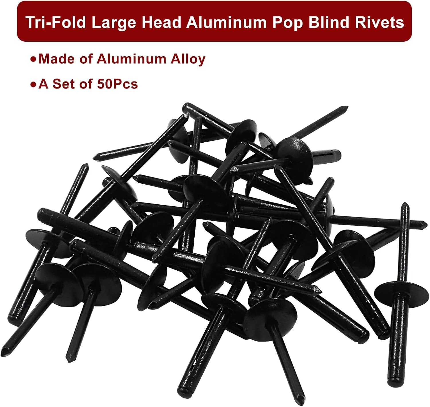50Pcs Black Aluminum Tri-Fold Exploding Pop Rivets 3/16 Large Flange 3/16”x1′