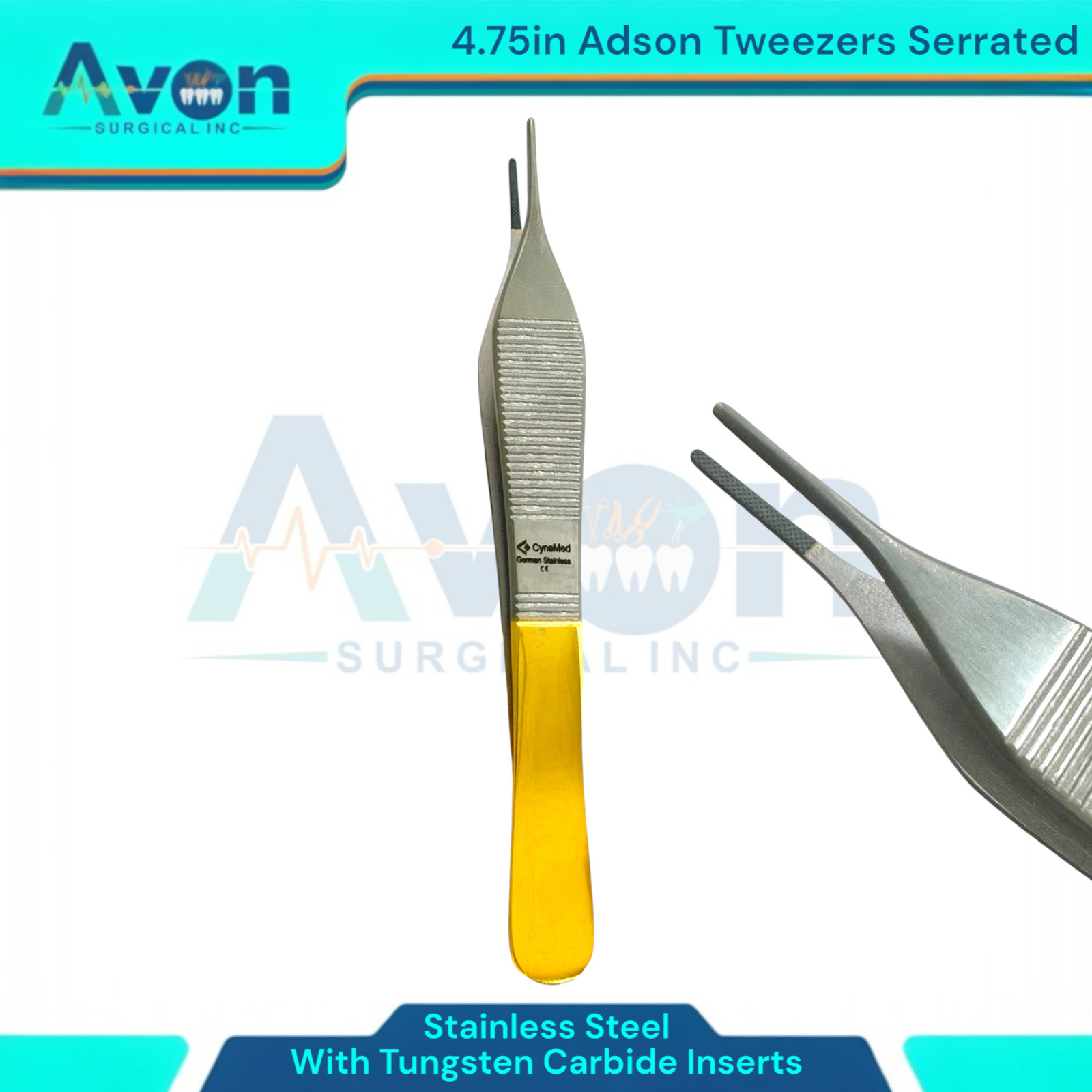 Premium Adson Thumb Serrated Tweezer Forceps, 4.75″, TC Insert Jaw – Gold Handle