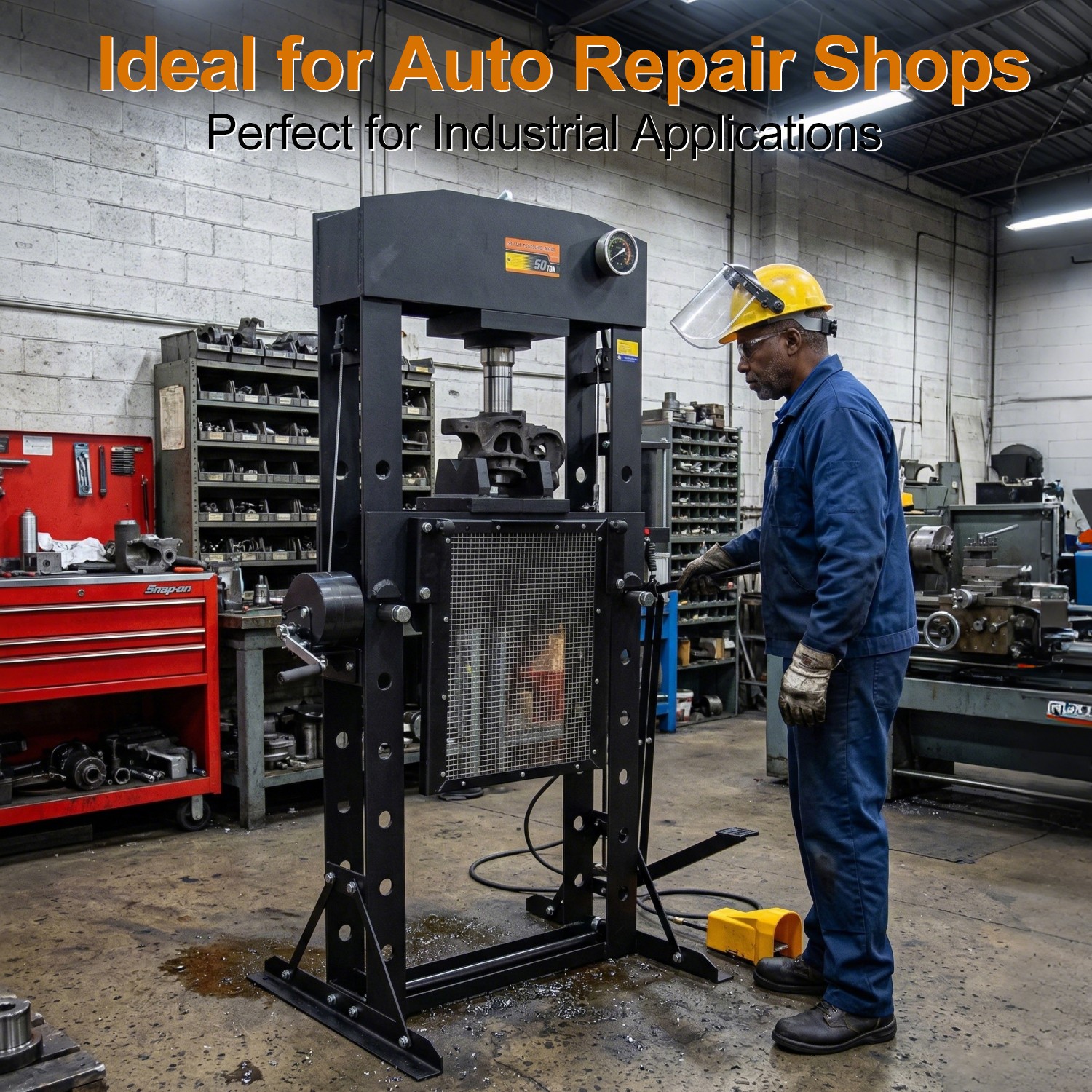 50 Ton Heavy Duty H-Frame Hydraulic Shop Repair Press with Triangular Support