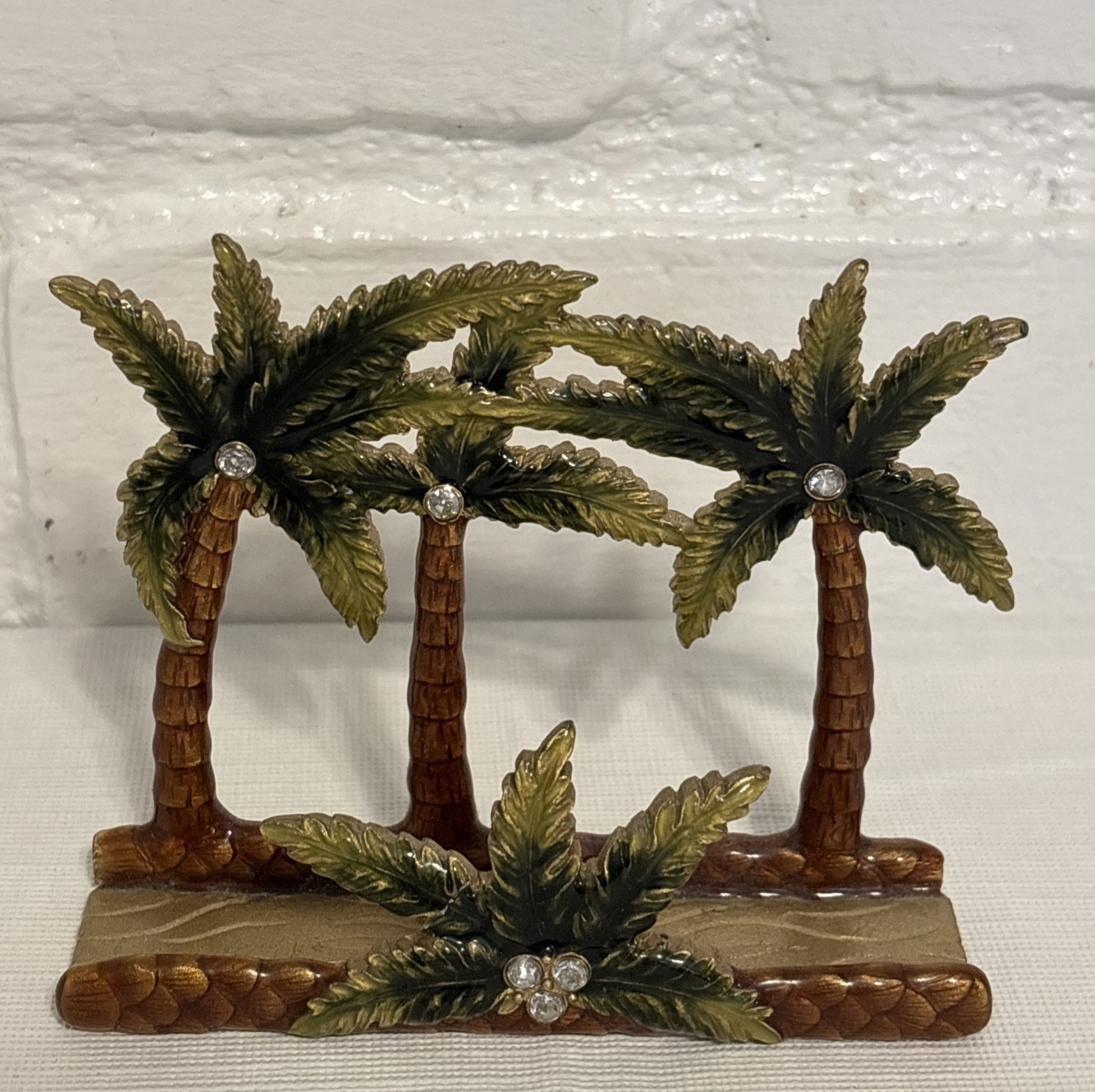 VTG Enamel Heavy Business Card Holder Desk Palm Trees Rhinestones Metal Art