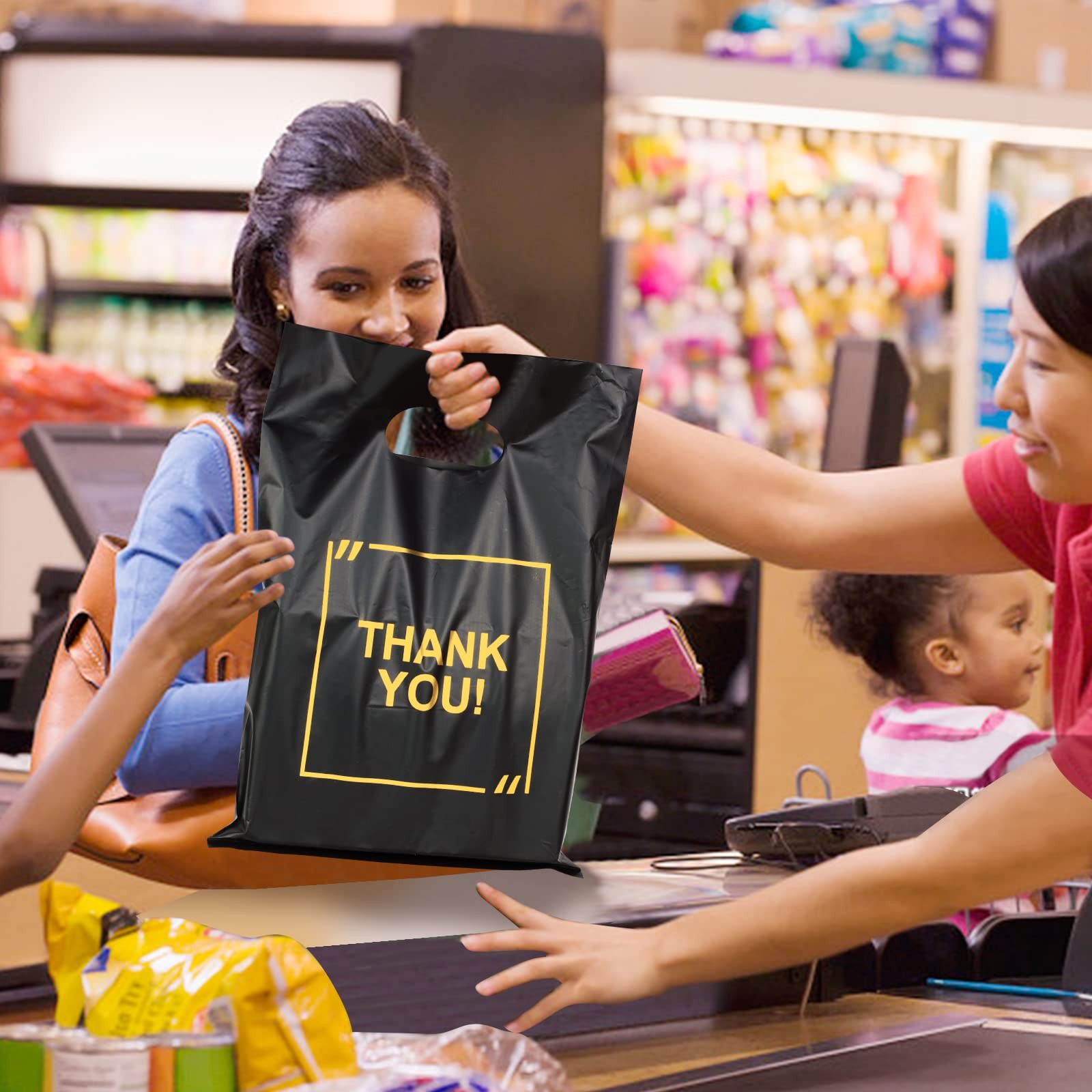 50 Pack Die Cut Plastic Shopping Bags with Thank 50 Count (Pack of 1), Black