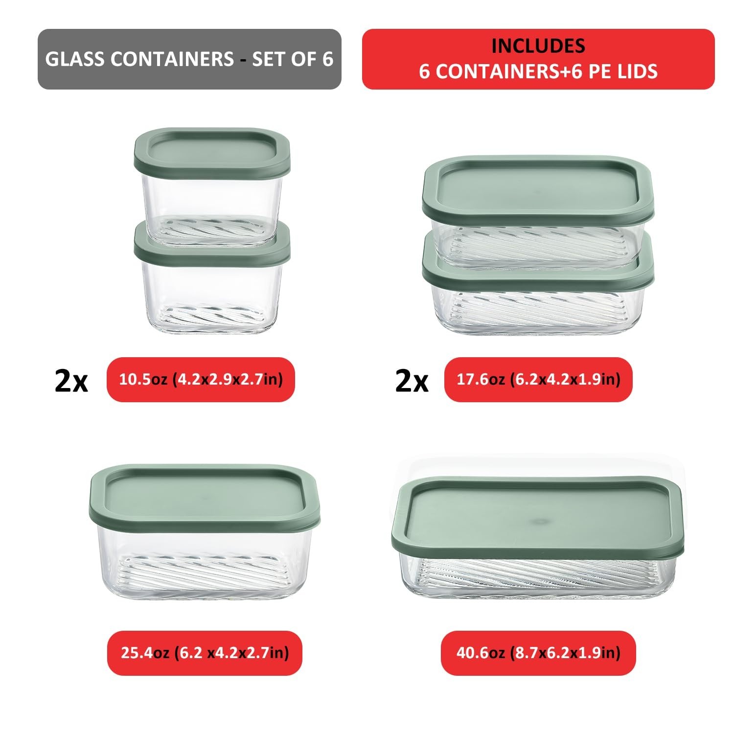 EATEX 6 Pack Glass Meal Prep Containers with Grooved Base, 6 Stackable BPA Fr…