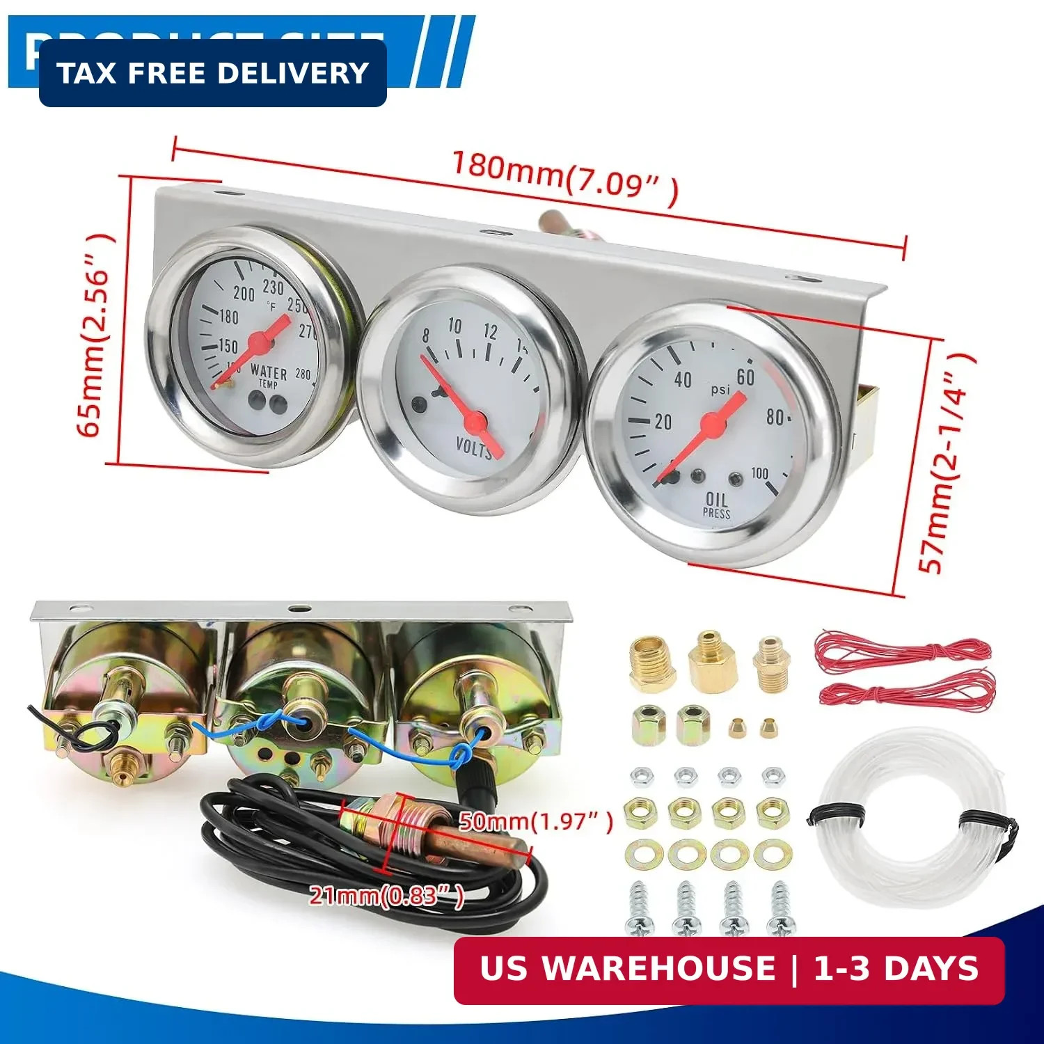 MH 2inch 52mm Triple Gauge Set, Oil Pressure Gauge (0-100PSI) +Water Temperature