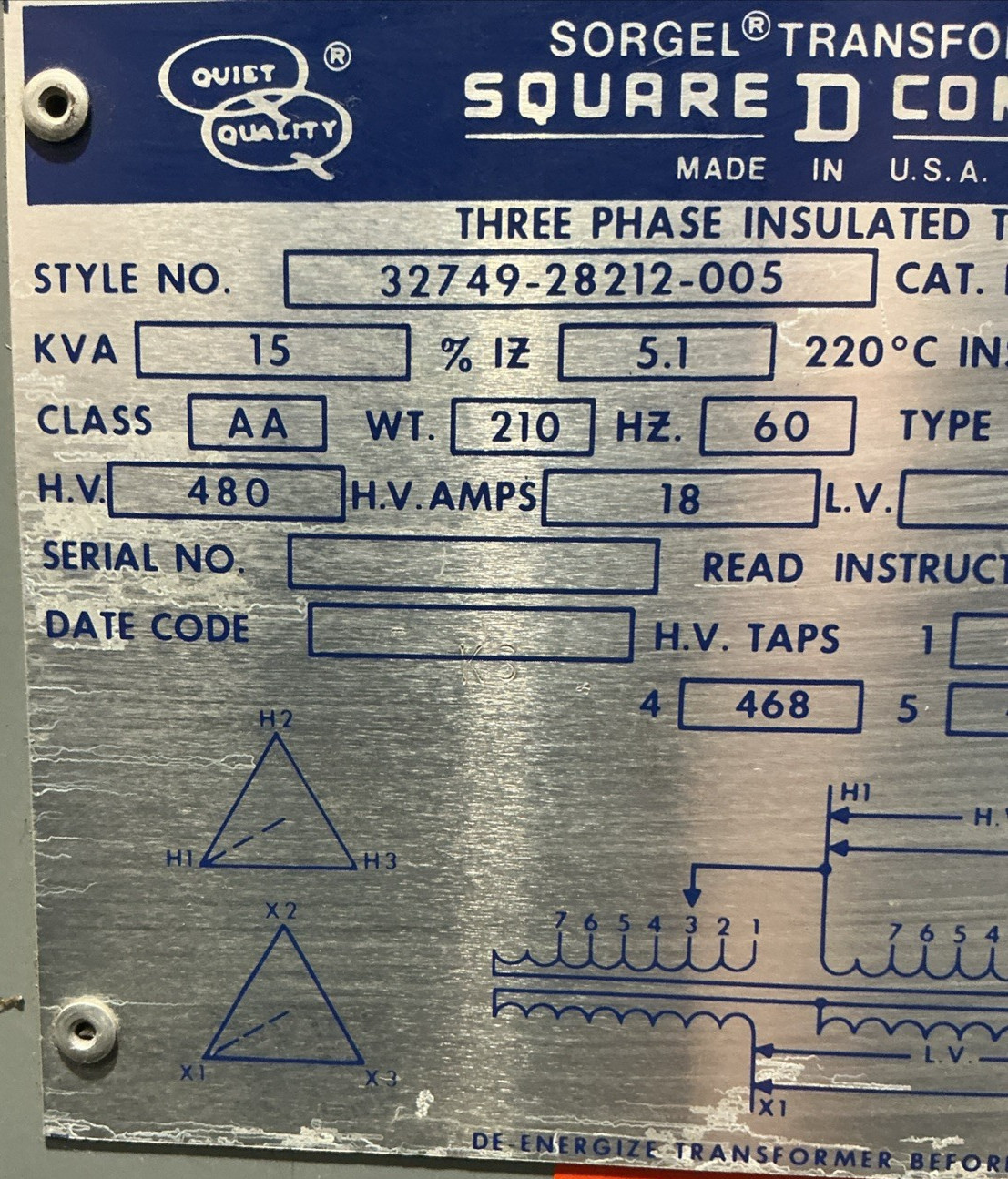 Square D 15 kVA 480V Transformer 3PH 60HZ 480Y/240V 15T6H 🟦