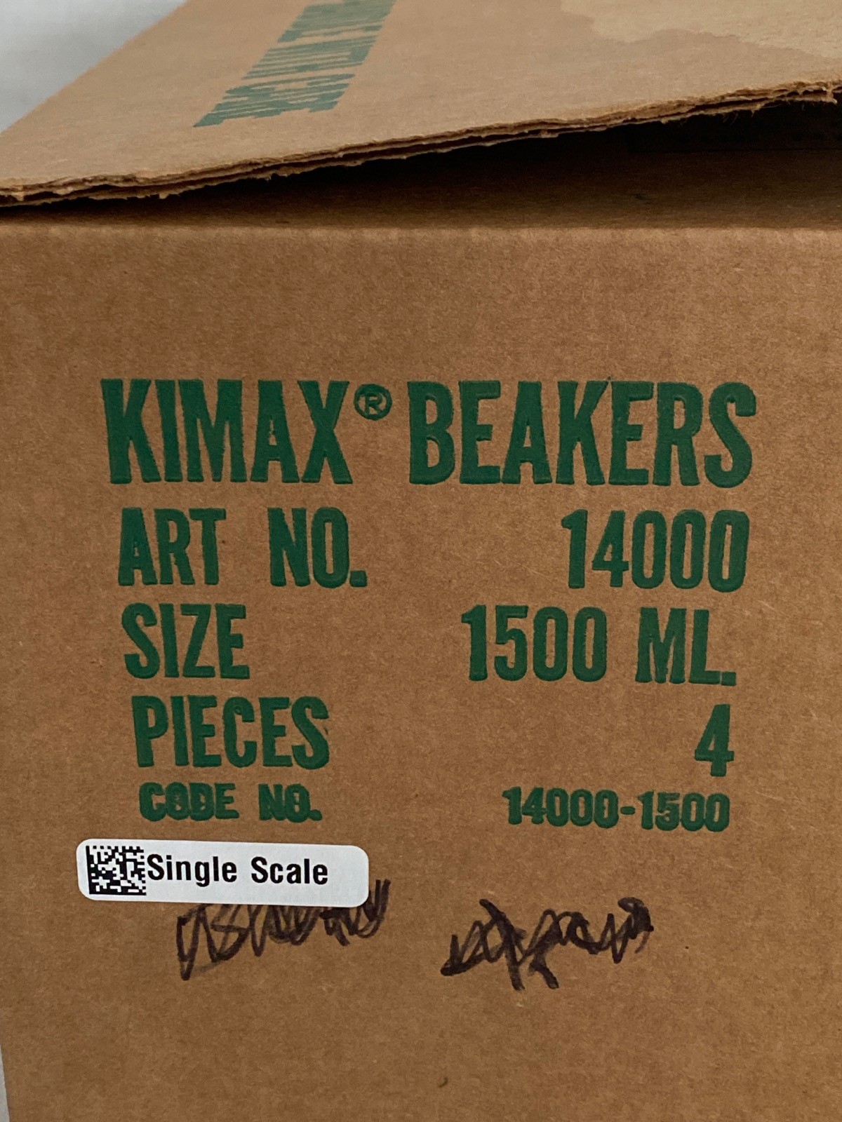 New (4/Pk) KIMAX Glass 1500mL Single Scale Graduated Griffin Beakers 14000-1500