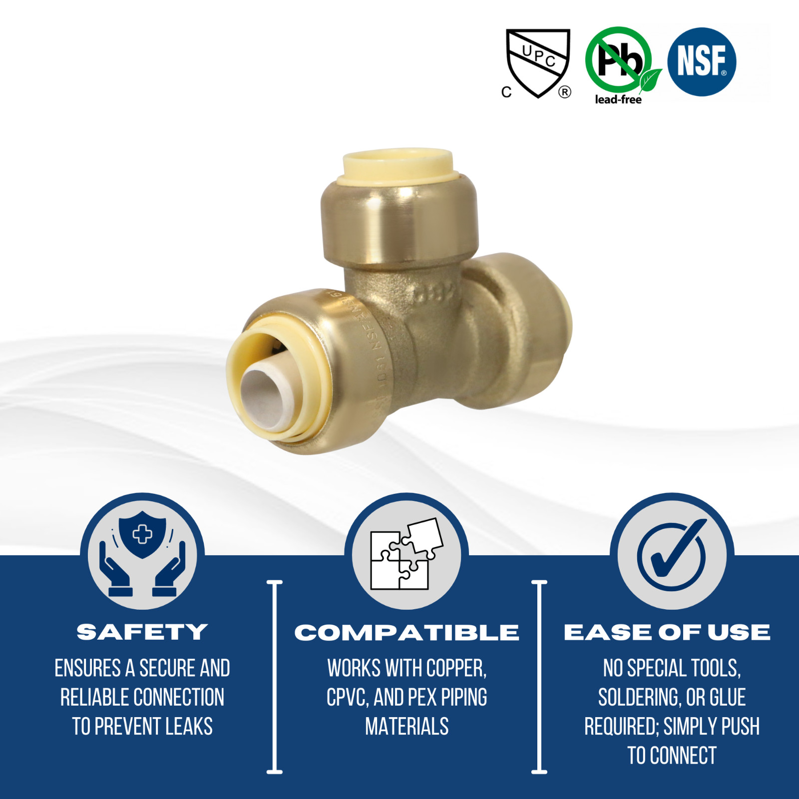 10) 1/2″ Push-Fit Tee w. 1 Free Removing Clip, Lead Free Brass