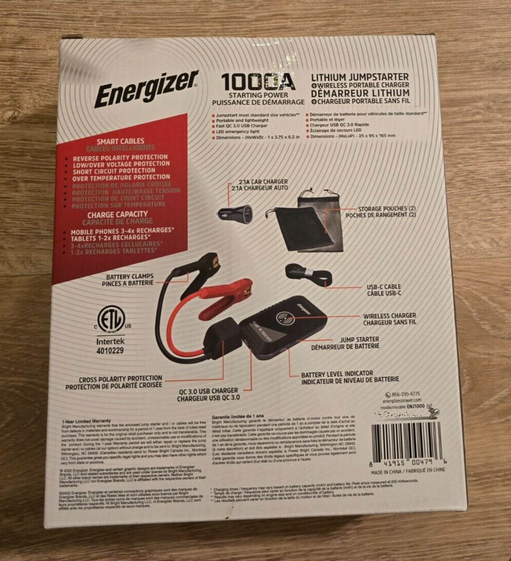 Energizer Portable Auto Battery Charger 12V Lithium Jump Starter ETL Certified