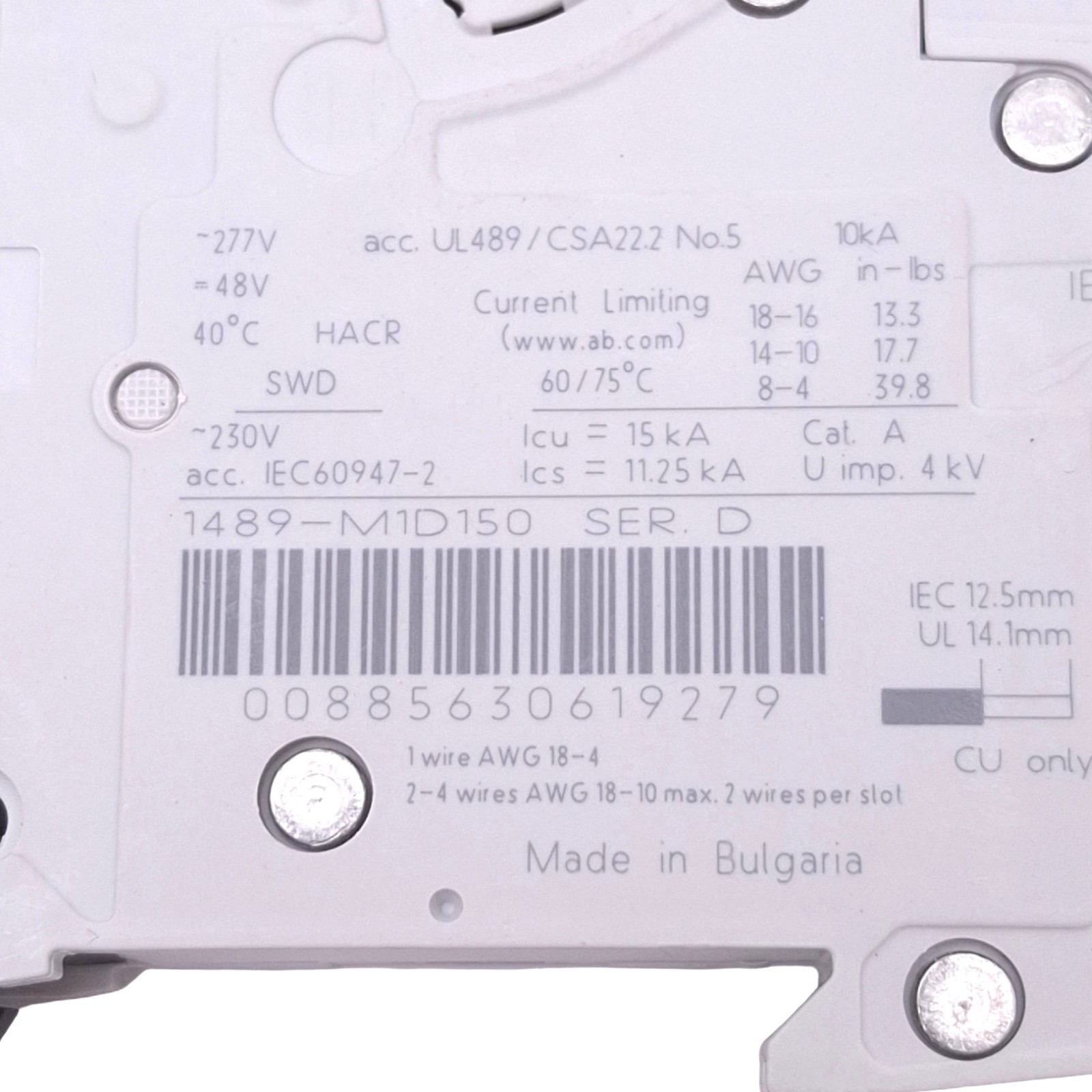 Allen Bradley 1489-M1D150 Circuit Breaker, 1-Pole 15A, 277VAC Max, DIN Rail