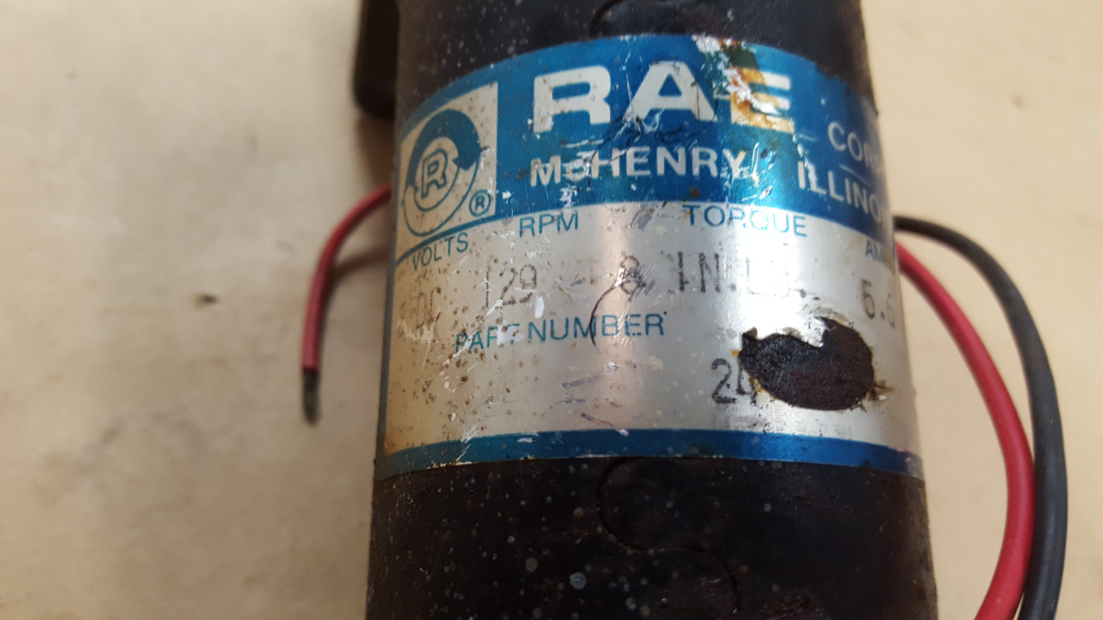 6VOLT, 129RPM, 8 LB TORQUE 5.6AMP, RAE CORPORATION MOTOR