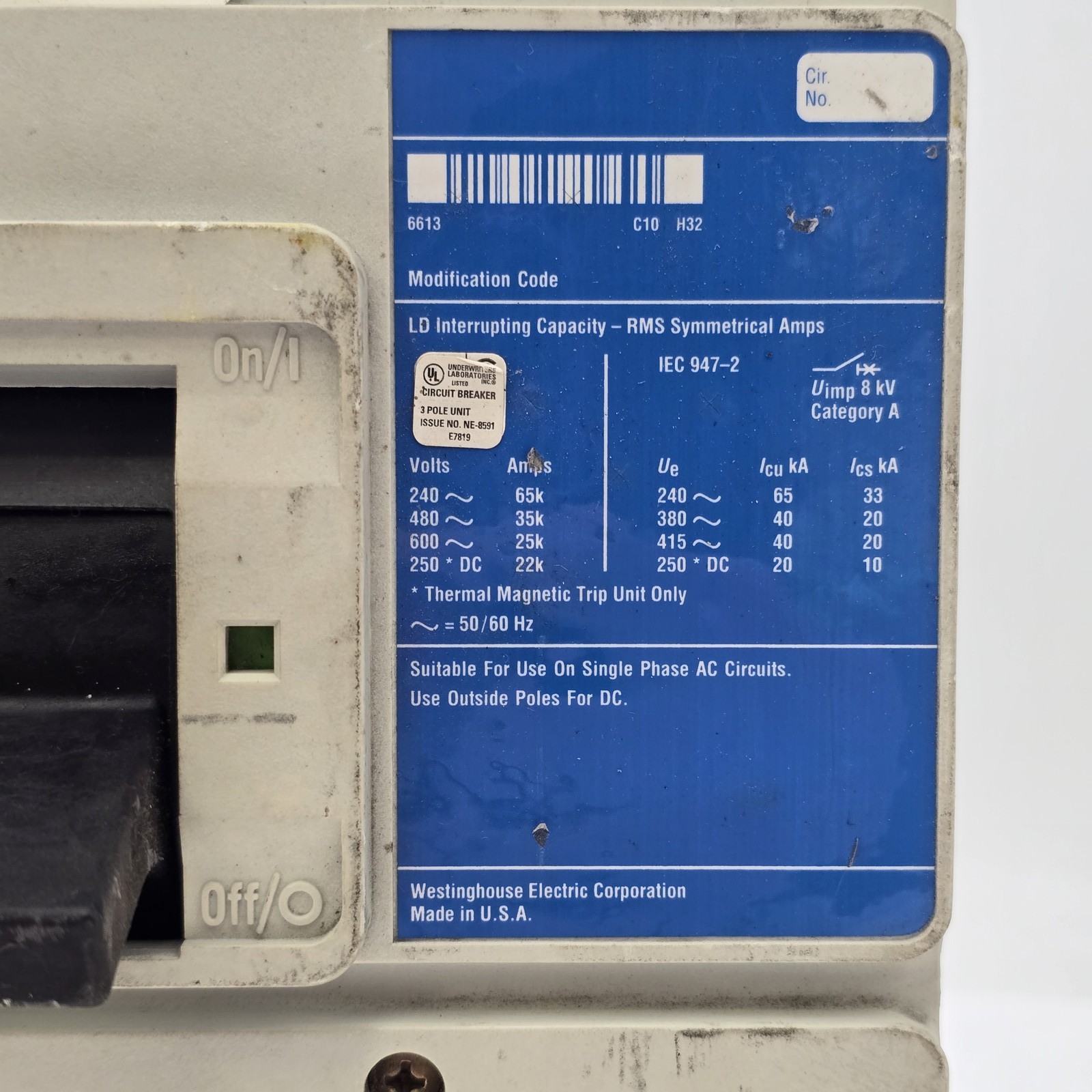Westinghouse LD3600F Bolt On Circuit Breaker 400A 600VAC 250VDC 3P LT3400T