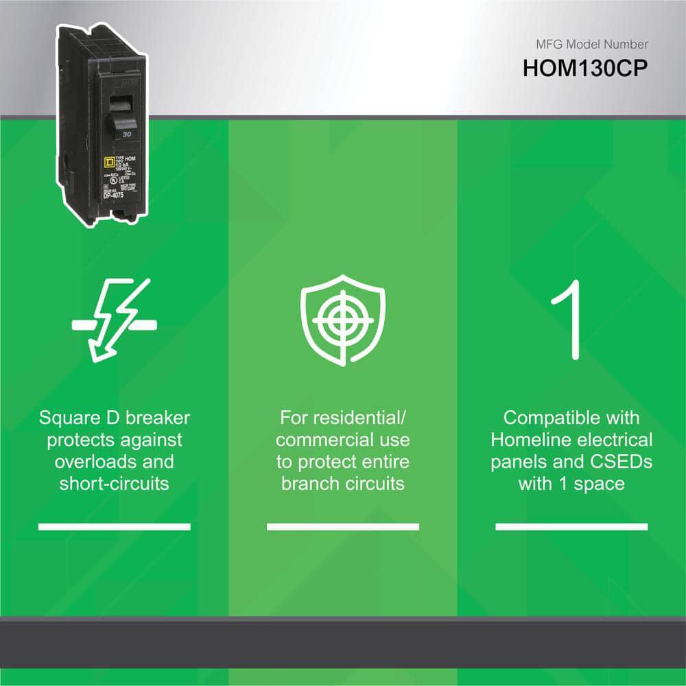 Homeline 30 Amp One-Pole Circuit Breaker HOM130CP, Square D Breakers 120/240 VAC