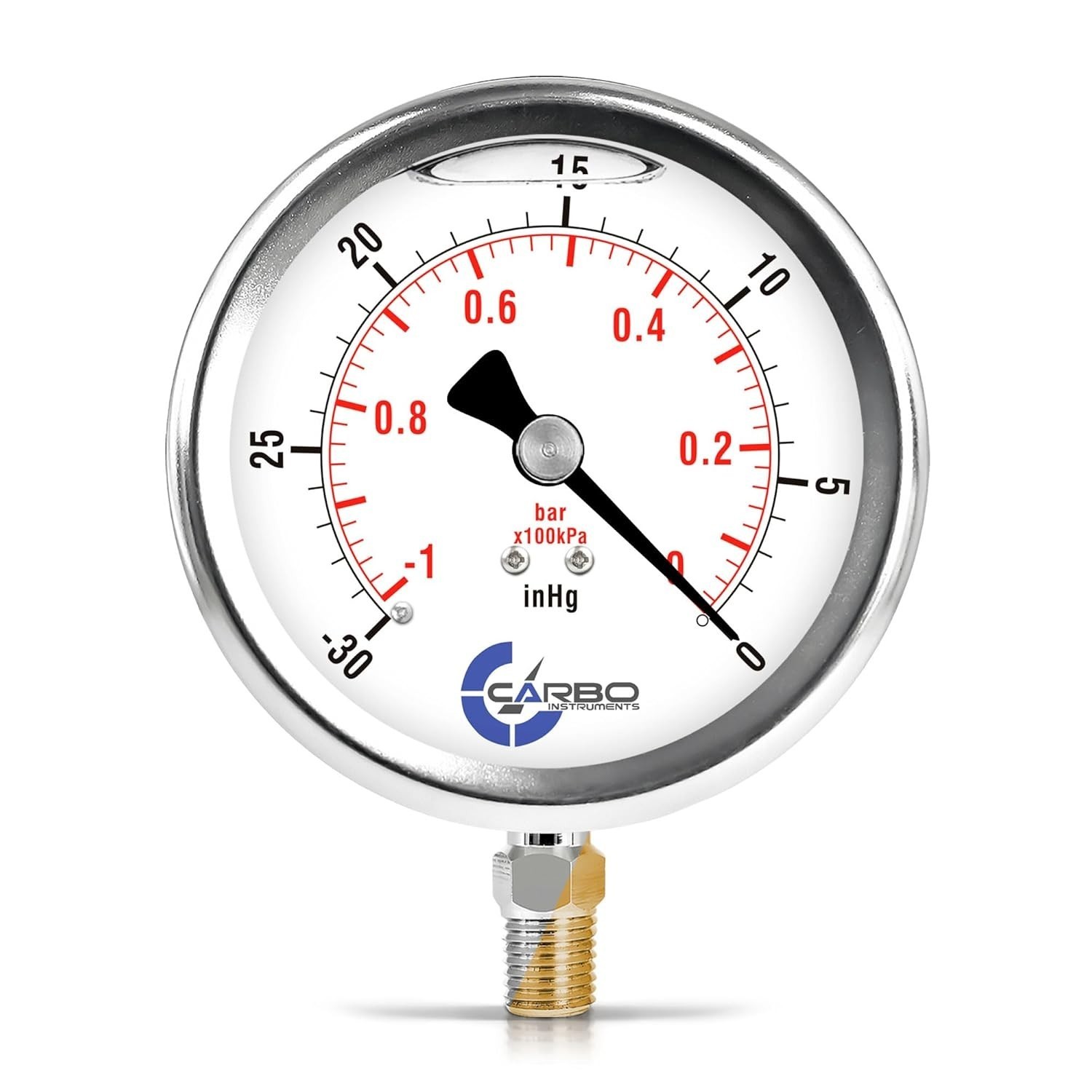 Carbo Instruments 4” Pressure Gauge Liquid Filled, -30 HG/0 – New – Free Ship!