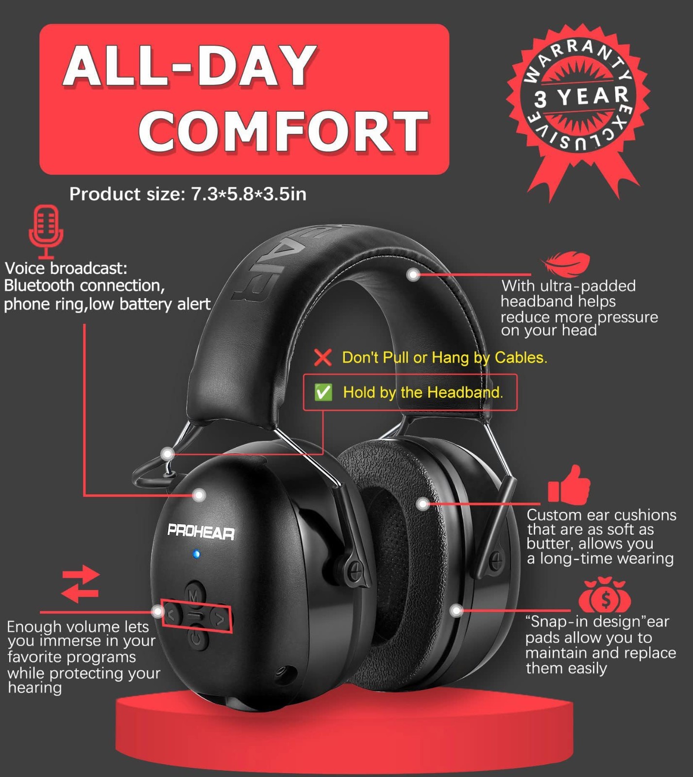 Bluetooth Hearing Protection Headphones, 30dB Noise Reduction Ear Muffs, 120H Pl
