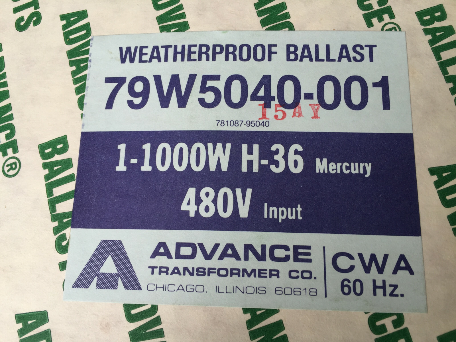 ADVANCE TRANSFORMER CO. OUTDOOR WEATHERPROOF BALLAST 79W5040-001 1000W 480V H36