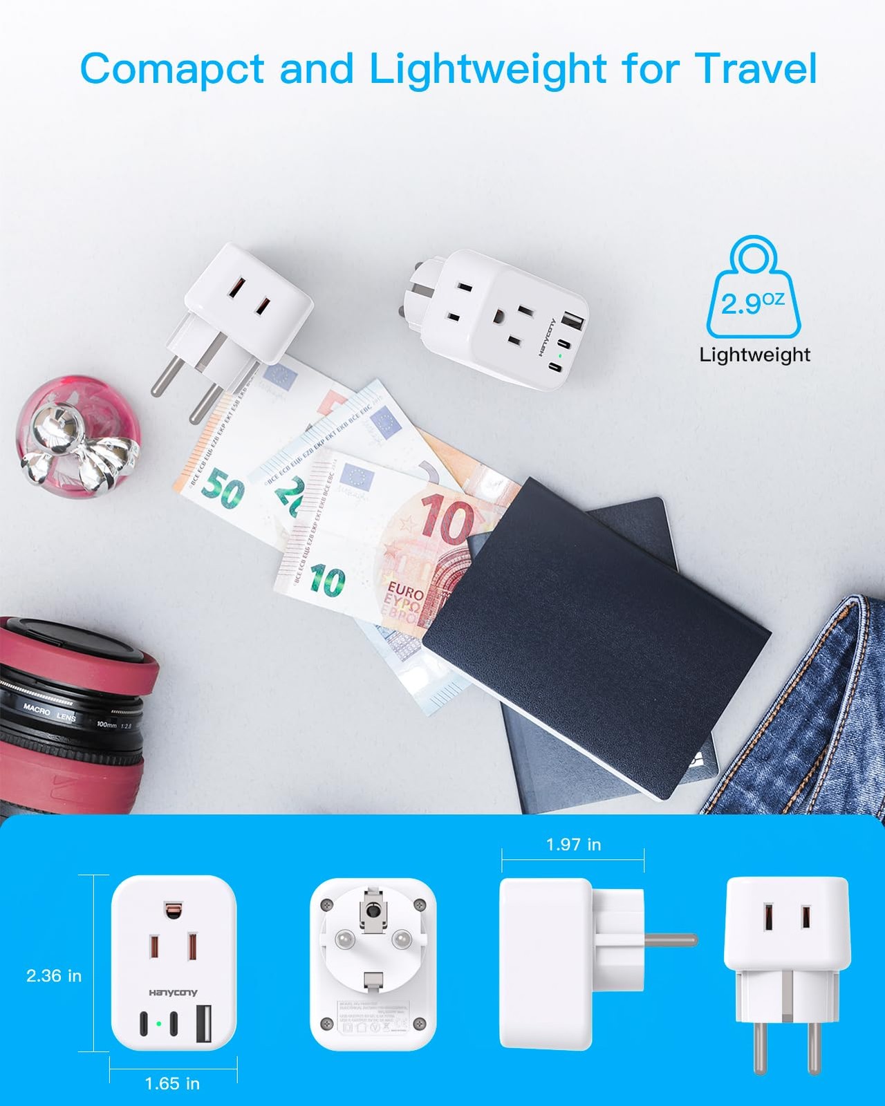 Type E F Plug Adapter, Germany France Travel Plug Adapter with 2 Outlets 3 US…