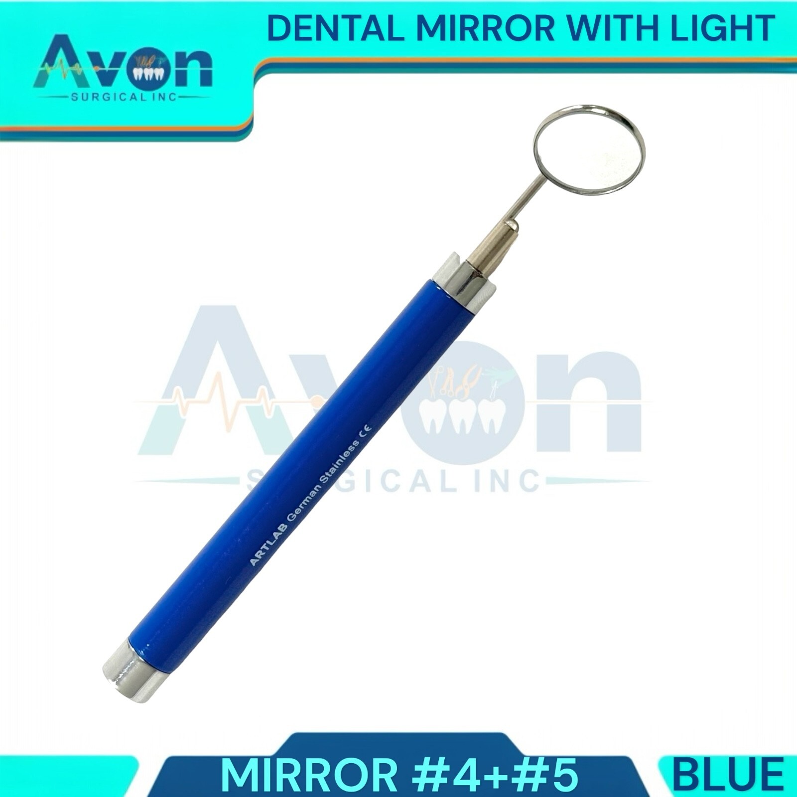 Teeth Examination Mouth Mirror #4 + #5 with Blue Handle, LED Light, German Steel