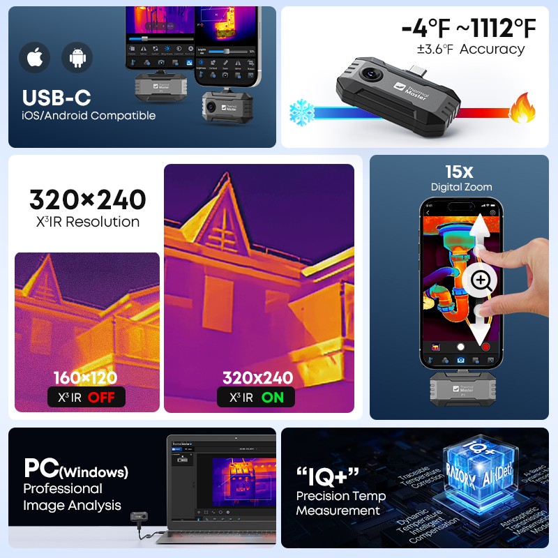 320*240 X³IR Resolution P1 Thermal Imaging Camera IOS&Android 600℃ Type-C 25Hz