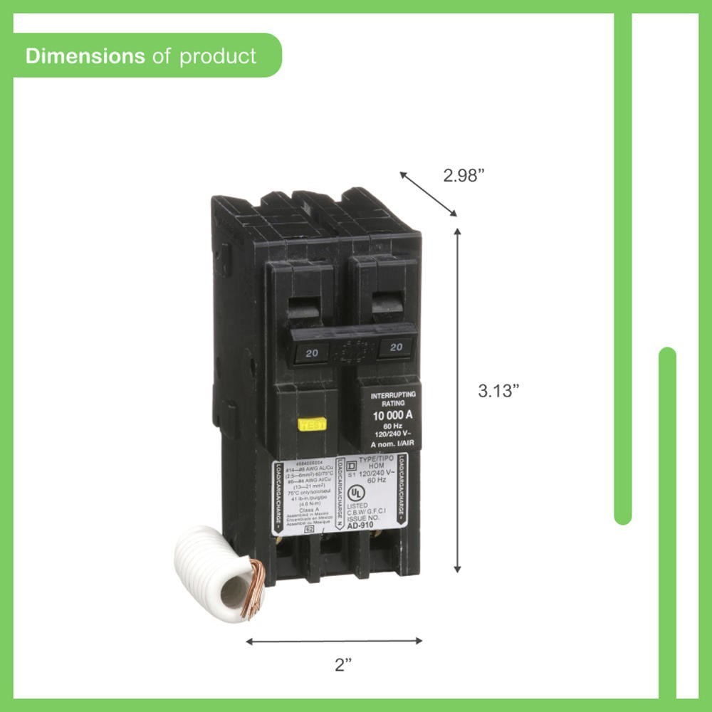 20 Amp 120/240 VAC 2 Pole Plug On GFCI Circuit Breaker Overload Protection