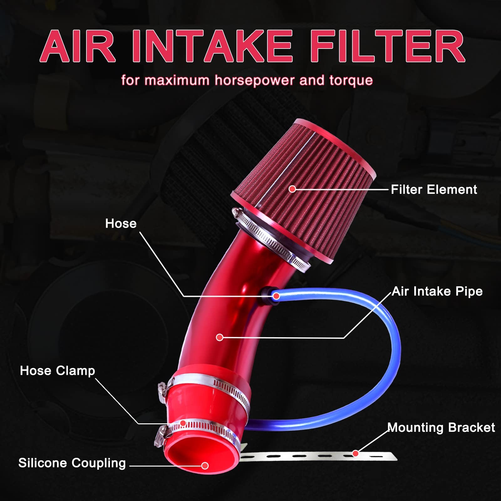 3 Inch Universal Cold Air Intake Pipe Kit High Flow Performance Red