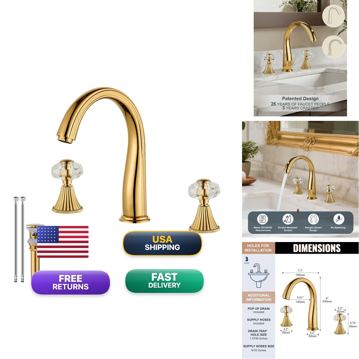 Gold Crystal 3 Hole 8 Inch Brass 2 Handle 2 Tone Widespread Bathroom Faucet Set
