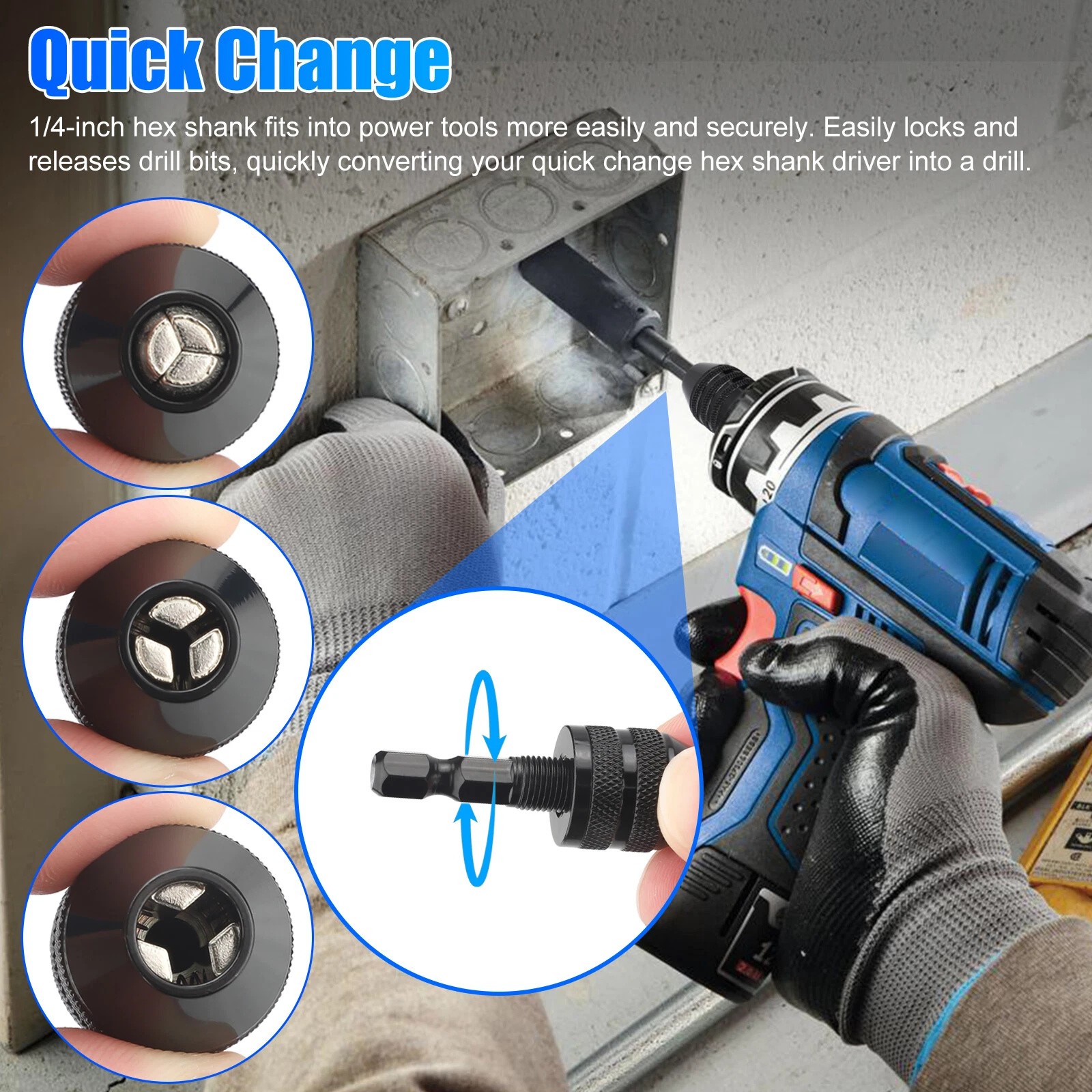 4x 1/4″Hex Shank Keyless Chuck Adapter Drill Bit Quick Change Driver Converter