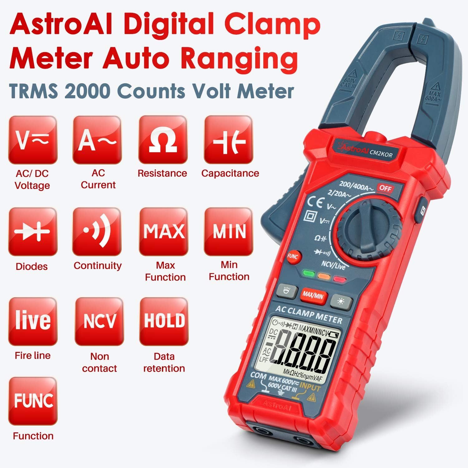 Astroai Digital Clamp Meter Multimeter 2000 Counts Amp Voltage Tester Auto-Rangi