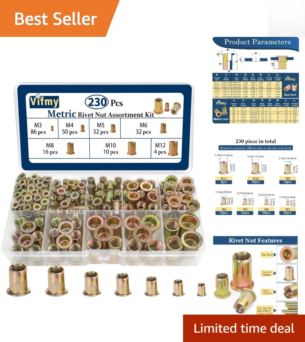High-Strength 7-Sizes Metric Rivnut Set – Flat Head & Zinc Finished, 230 Pcs