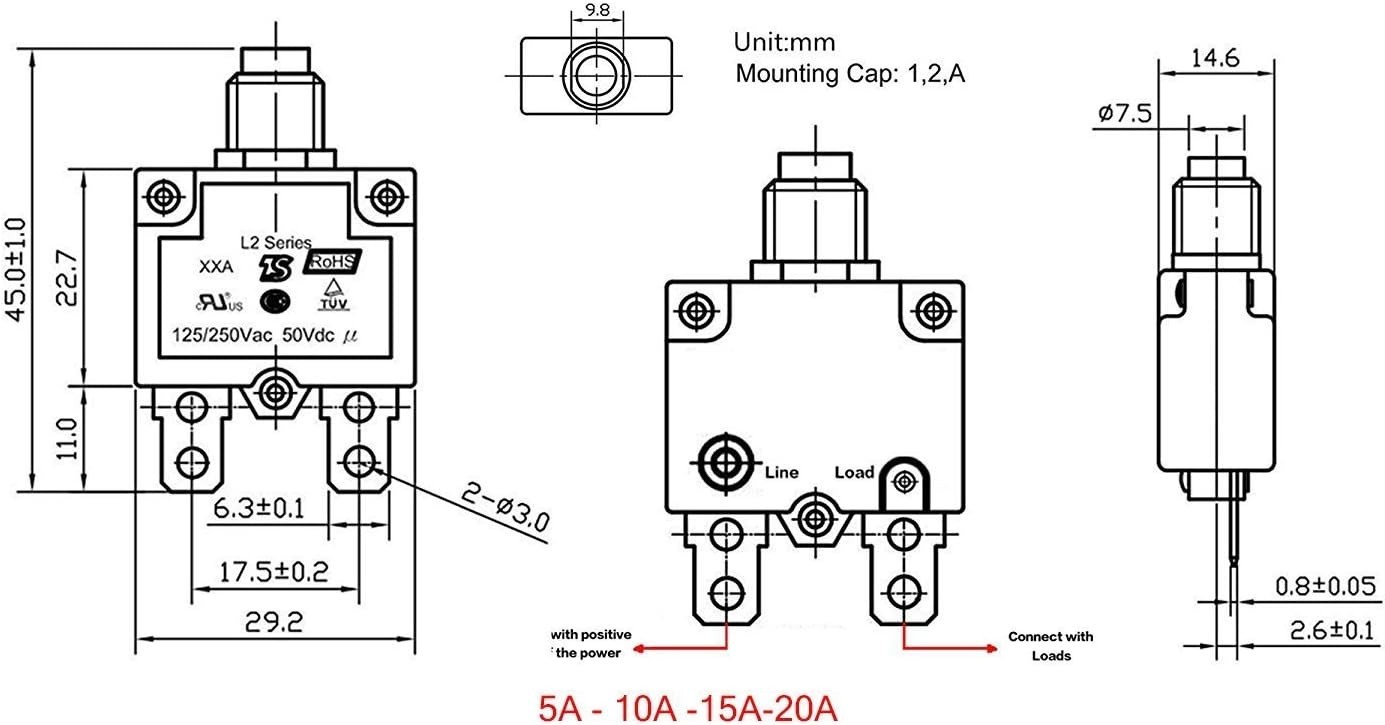 5-Piece Circuit Breaker Set with Push Button Reset for Automotive and Marine Use