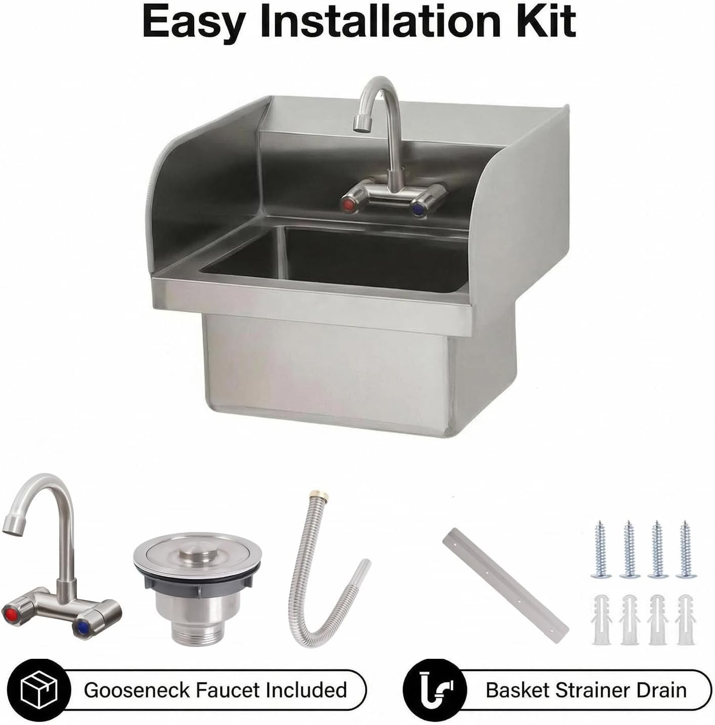 GRAVEE Stainless Steel Wall-Mounted Hand Sink with Faucet & Side Splash Basin