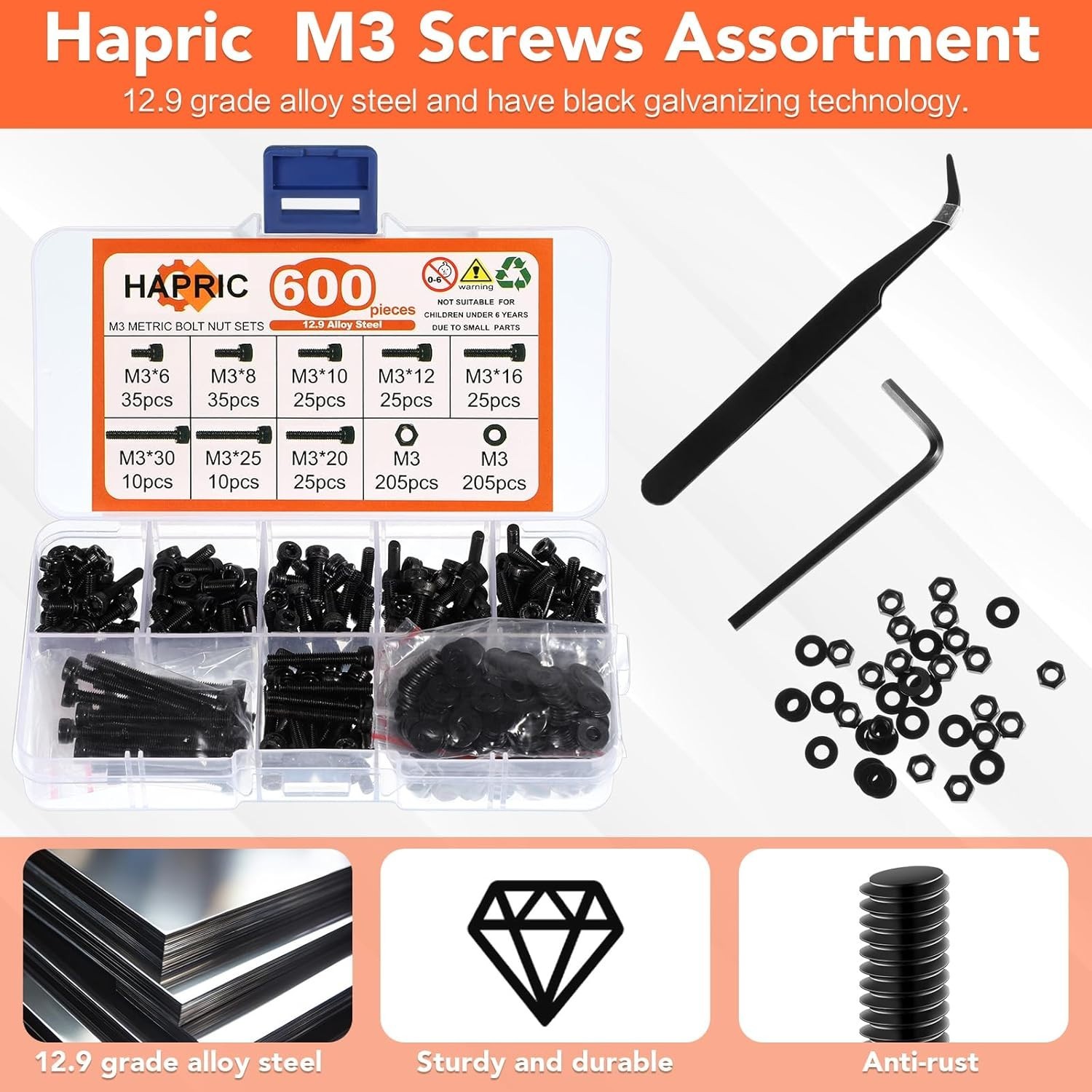 M3 Screws Assortment – 600 Pcs Black Zinc Plated Hex Head Set for All Repairs