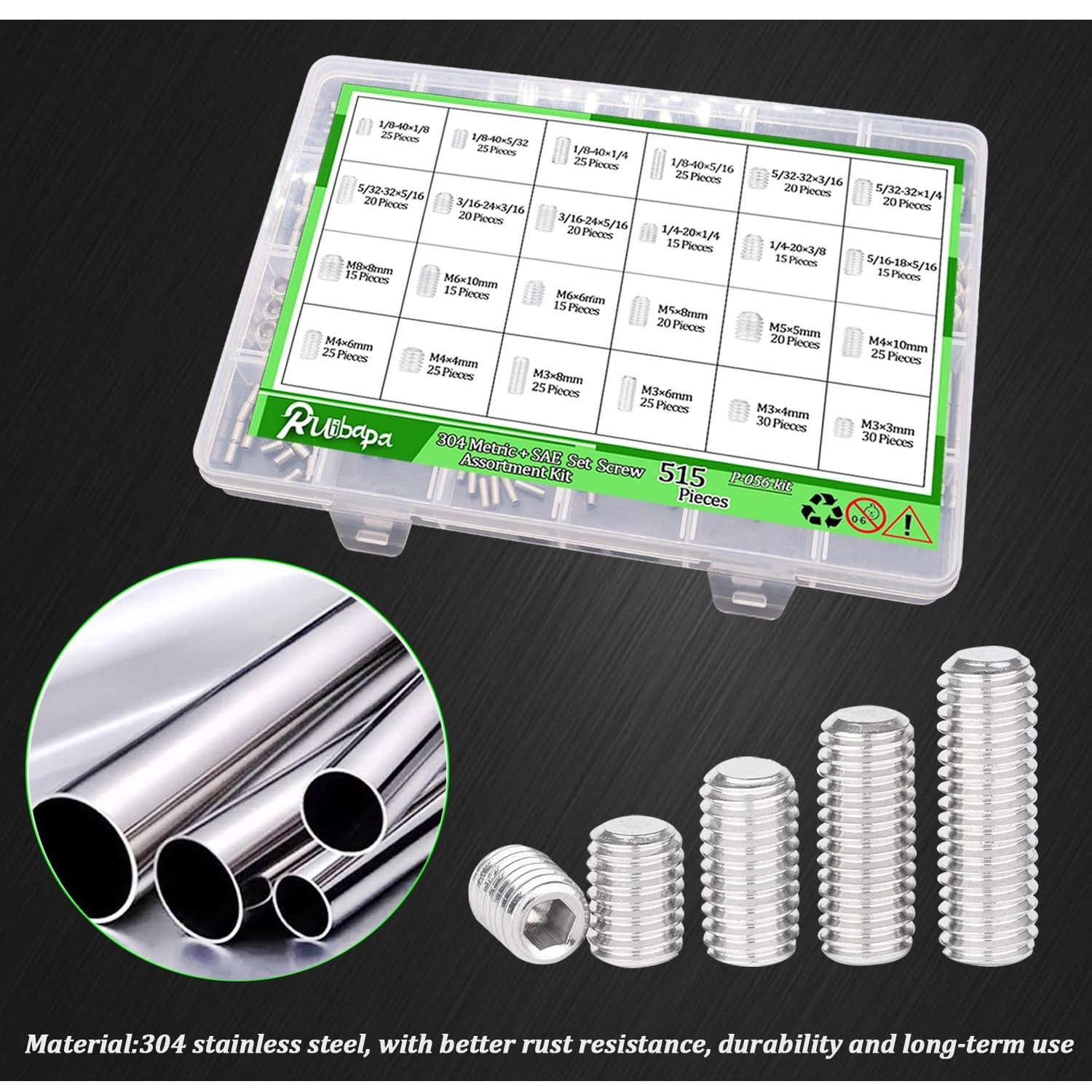 525PCS Set Screw Assortment Kit Metric & SAE 24 Sizes 304 Stainless Steel M3-M8
