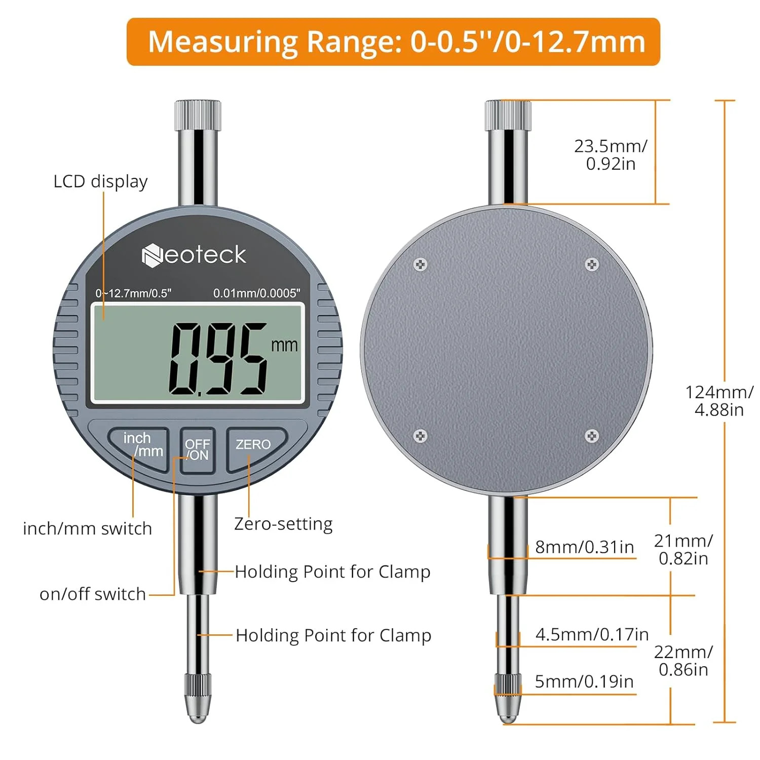 Neoteck DTI Digital Dial Indicator 0.01mm/0.0005 inch Digital Probe Indicator Di