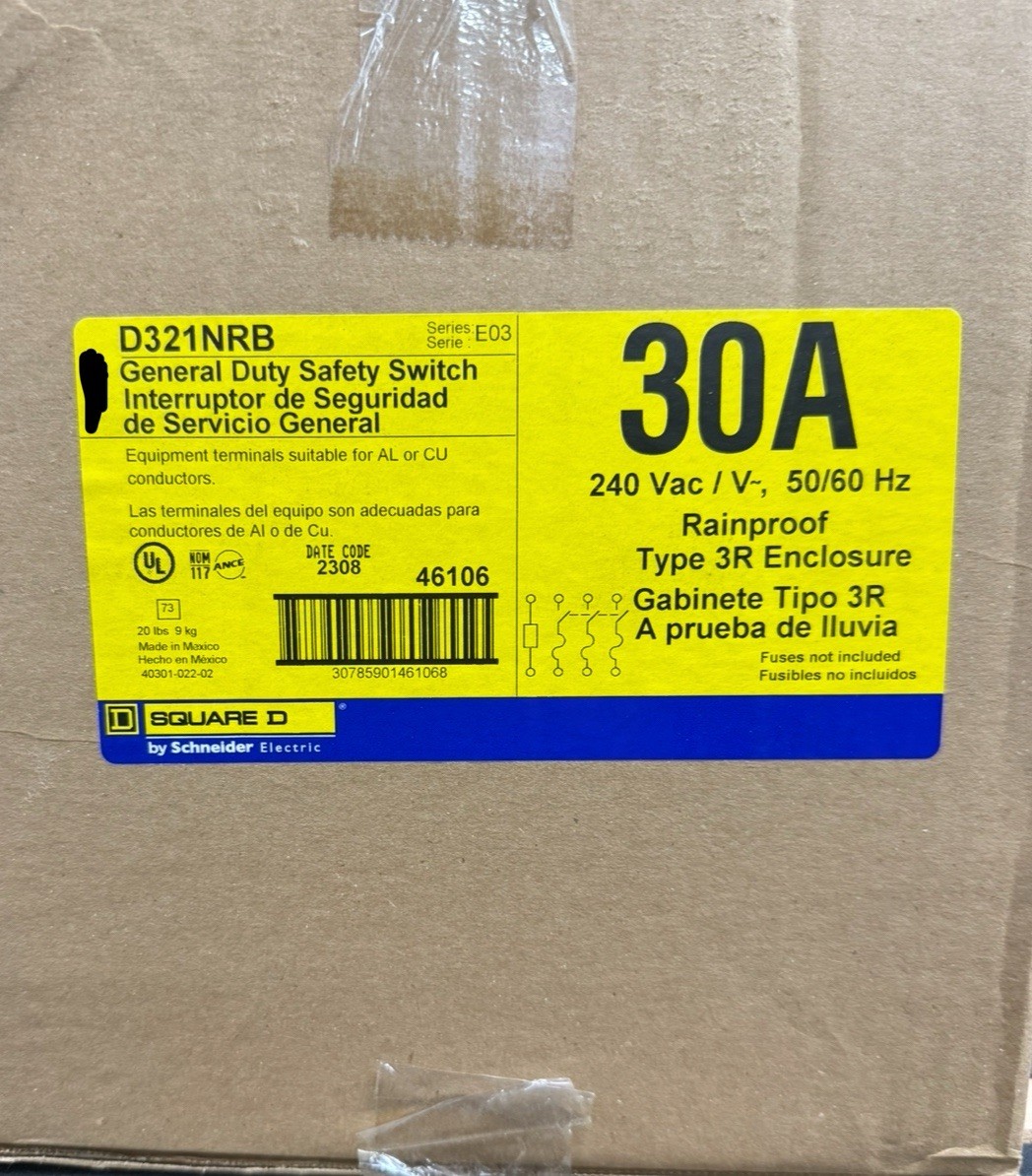 Square D D321NRB 30 Amp General duty Disconnect Type 3R Outdoor 240 VAC NEW