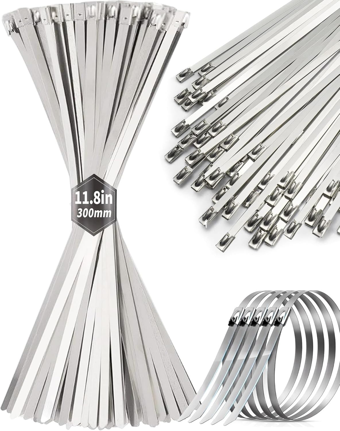 50Pcs Metal Zip Ties 11.8 Inch 304 Stainless Steel Zip Ties, Heavy Duty Multi-Pu