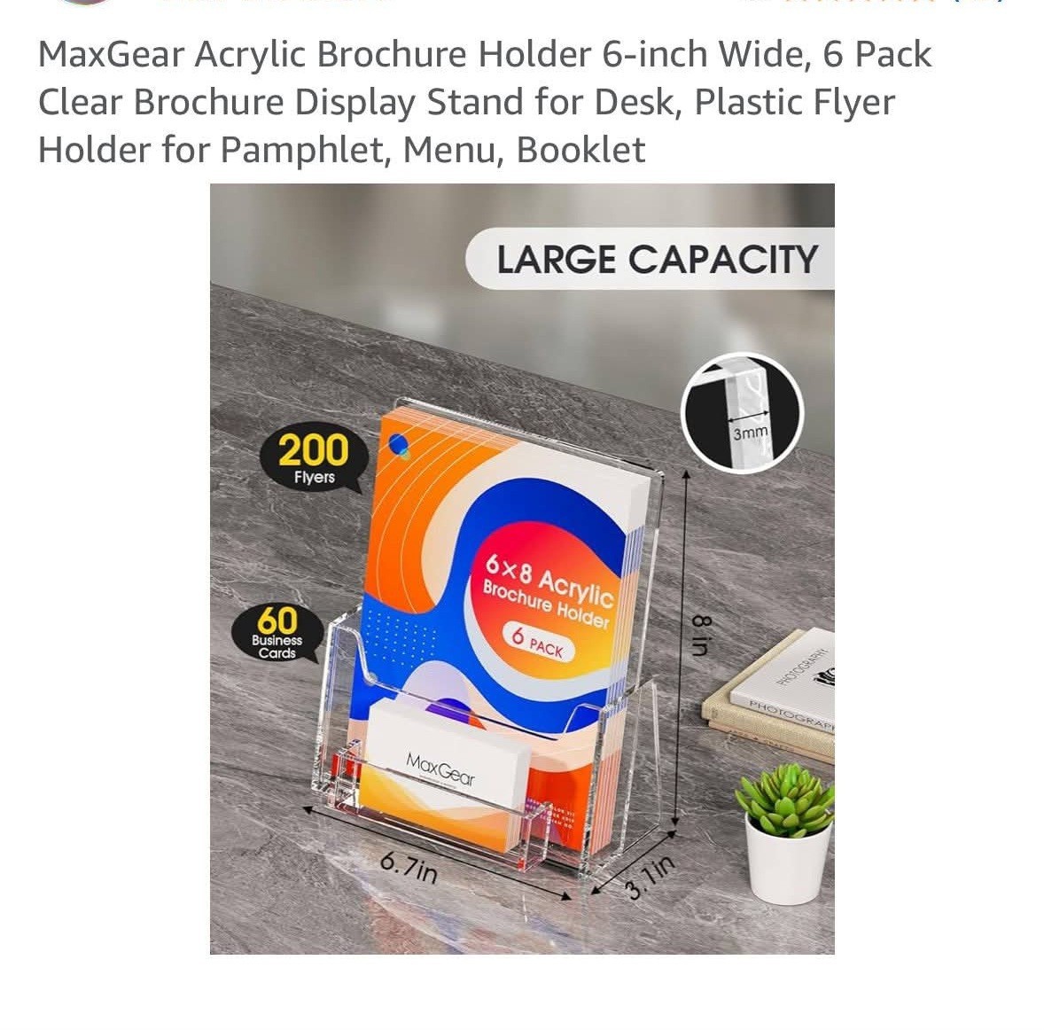MaxGear Acrylic Brochure Holders 6×8 Inch With Business Card Holder 6 pack «New»