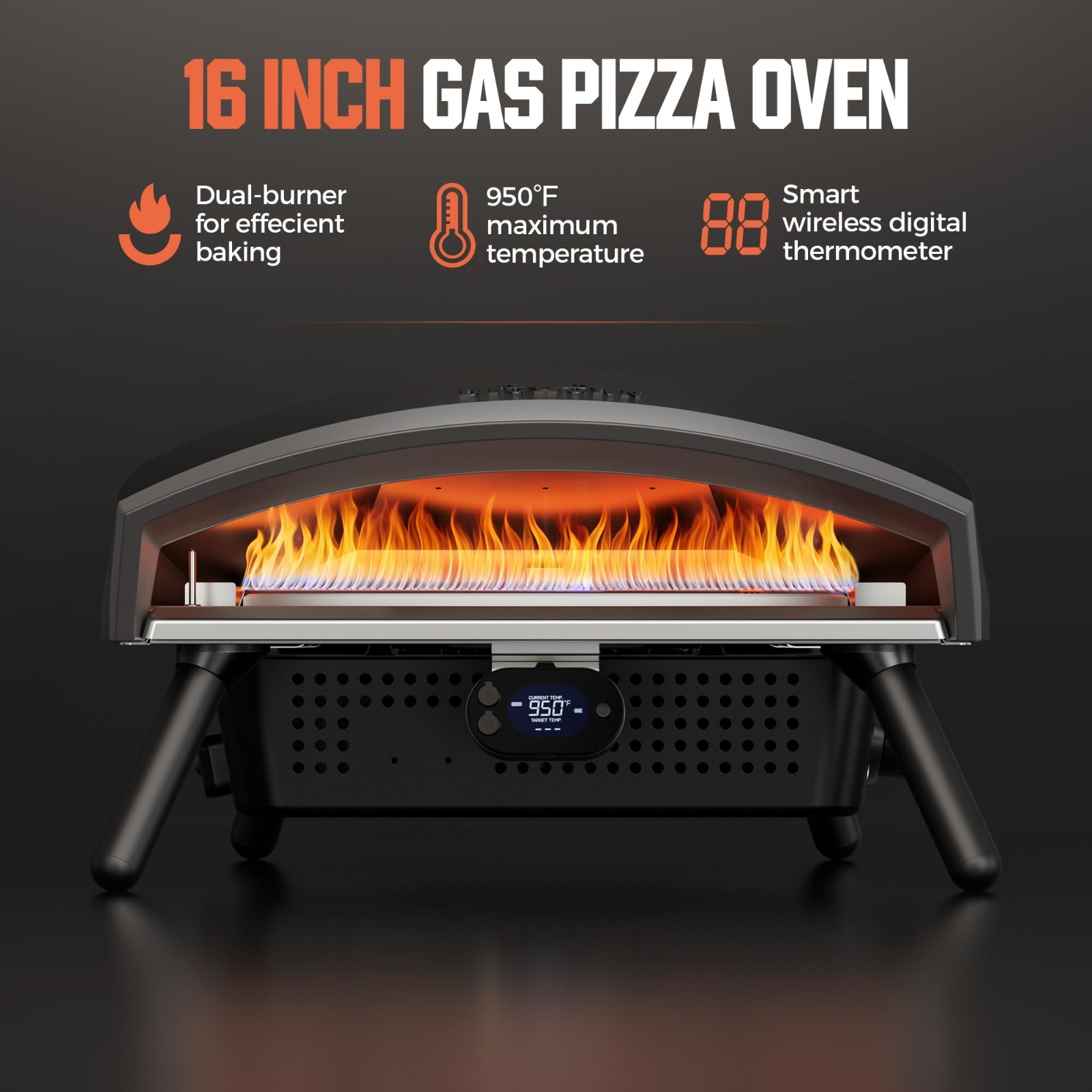 BIG HORN 16″ Propane Pizza Oven with Rotating Stone, Thermometer & Peel
