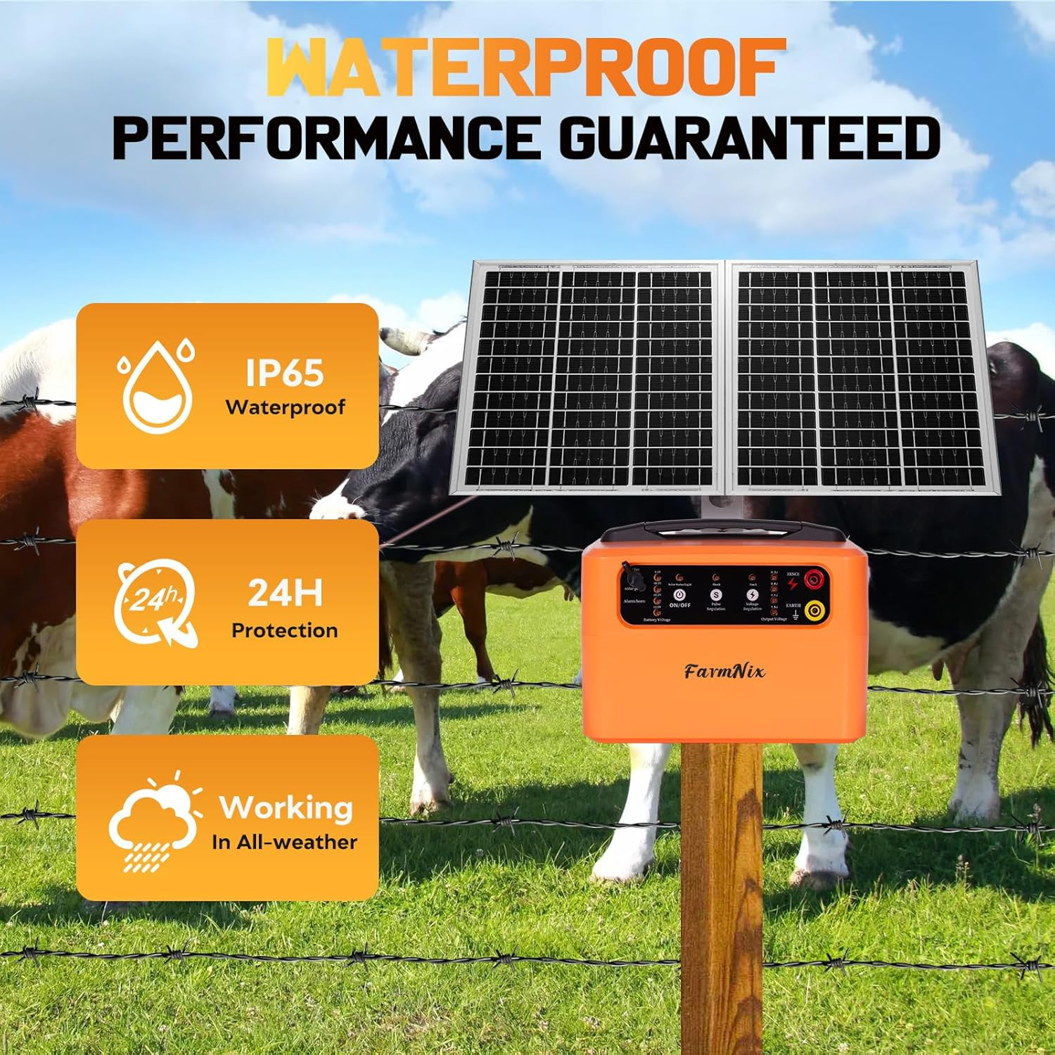 24 Hour Solar Electric Fence Charger, 30 Miles Solar Fence Energizer, 6-12KV Adj
