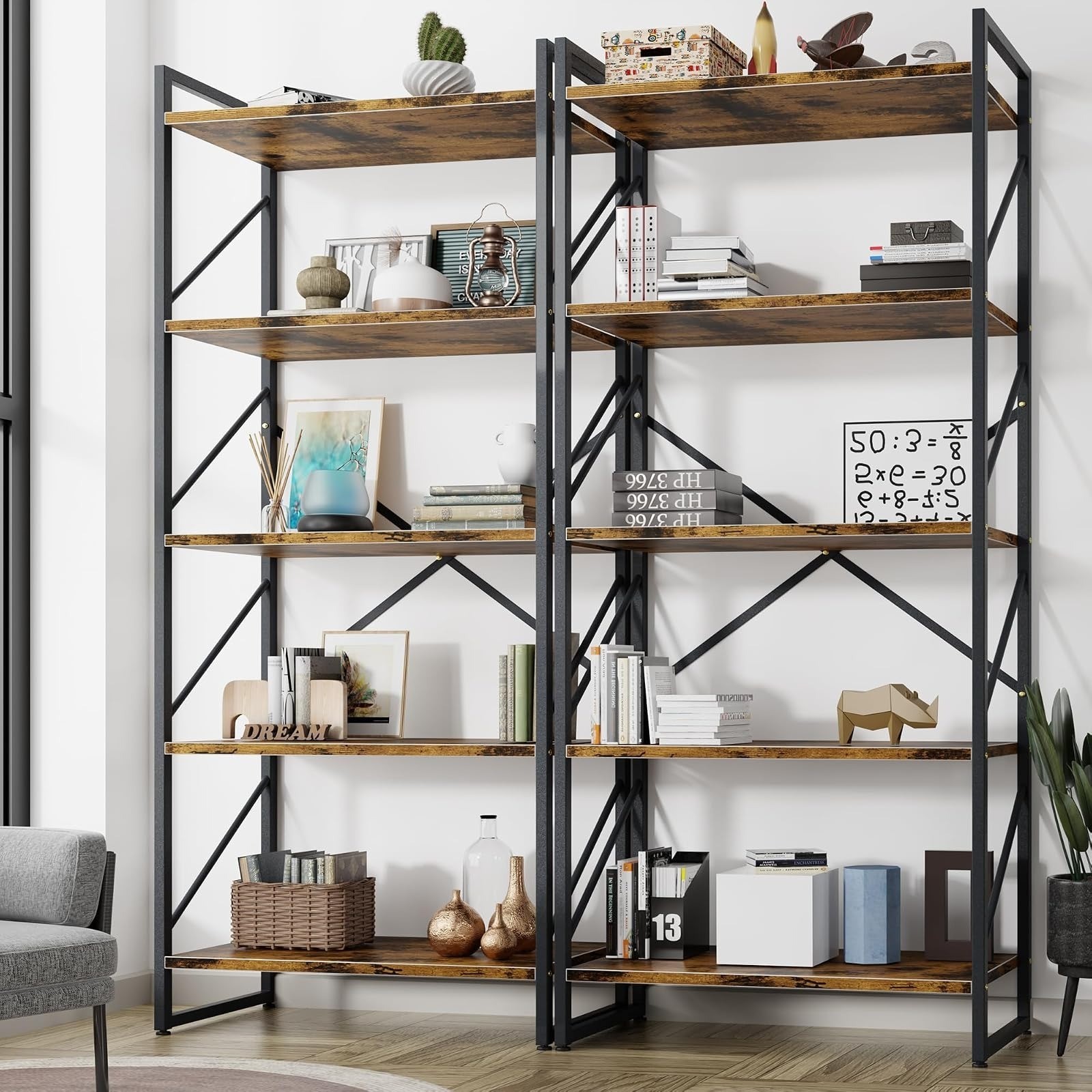 Shintenchi 5 Tier Bookshelf – Modern Industrial Bookcase for Home & Office