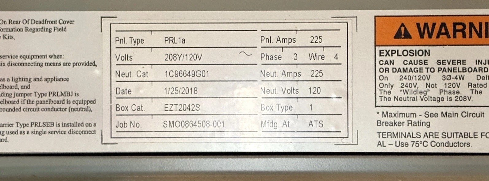 Eaton Pow-R-Line PRL1a Panelboard 225A 3-Phase 201-250V UL Listed
