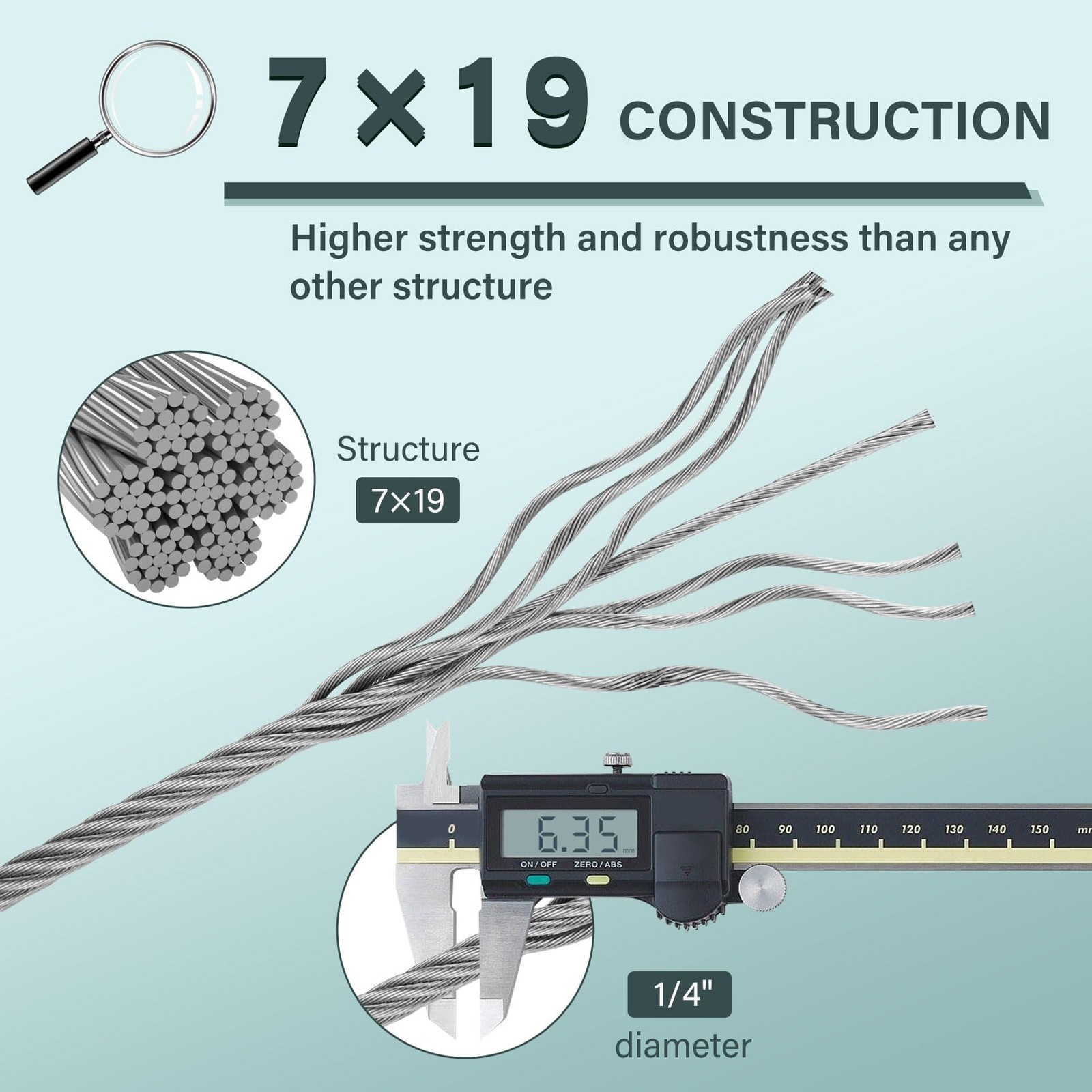1/4IN 100FT Stainless Steel Cable (7×19 Strands), 6400 lbs Breaking Strength,…