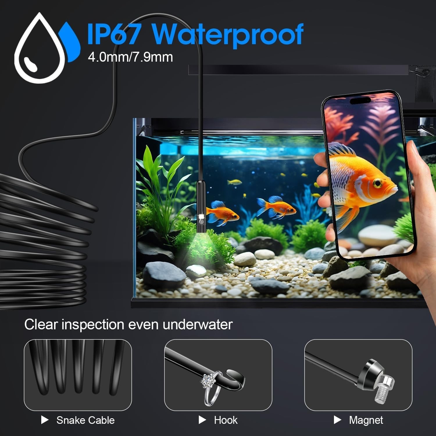 Endoscope with Light, 1920P HD Borescope with 8 Adjustable LED Lights, Semi-Rigi