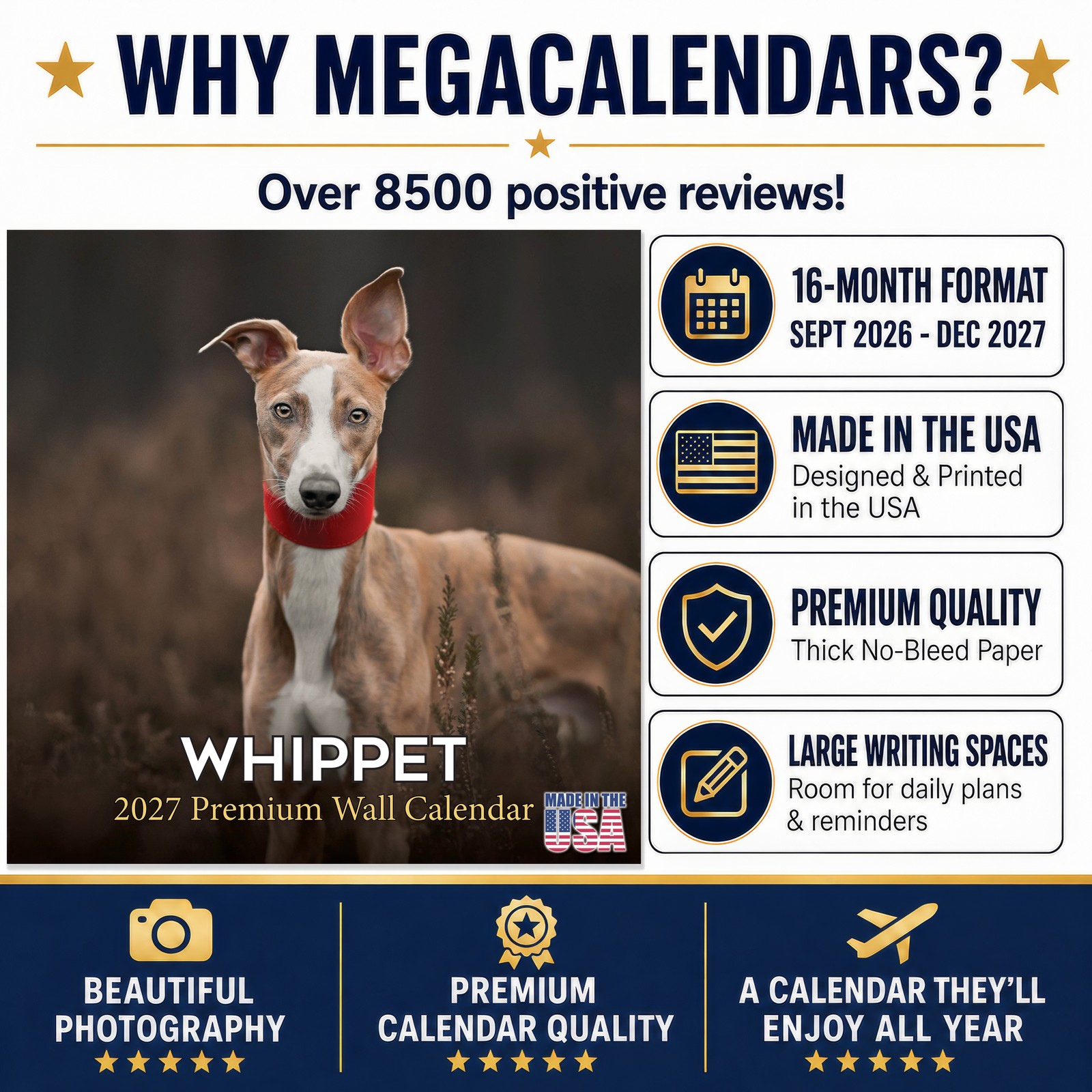 Whippet Dog Breed Calendar 2024 FULL SIZE 12×24 Made in USA
